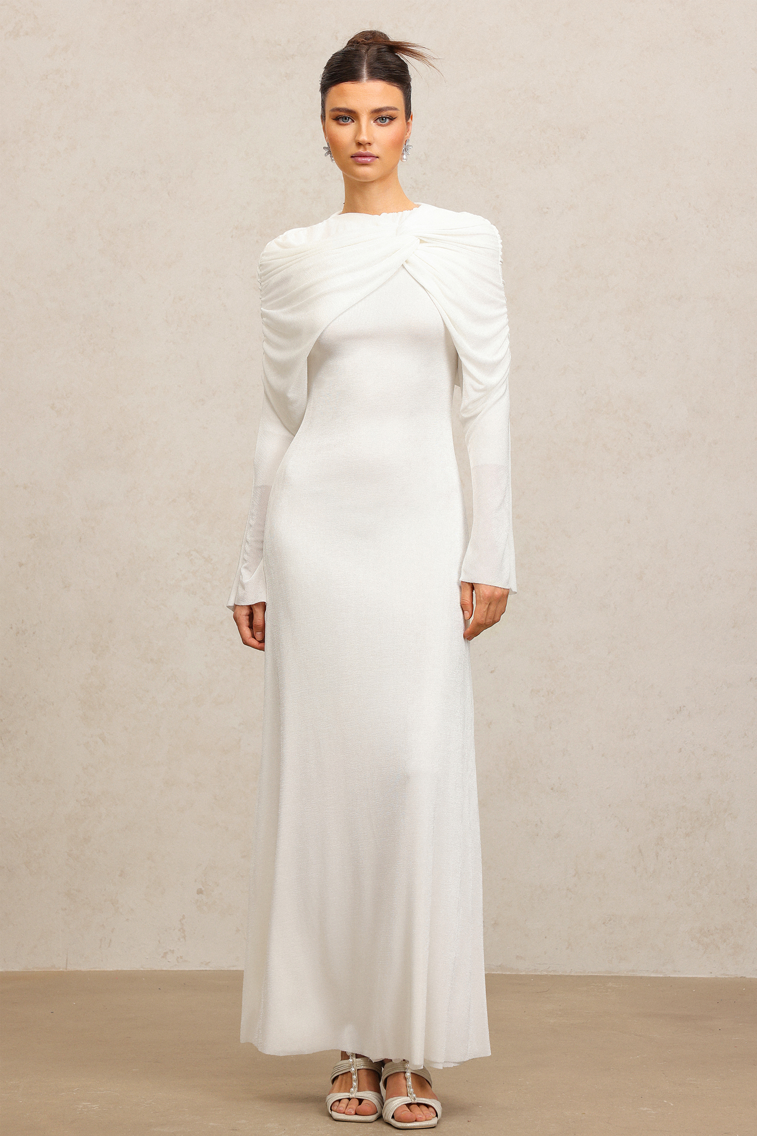 Kolari Round Neck Long Sleeves Asymmetric Folds White Maxi Dress