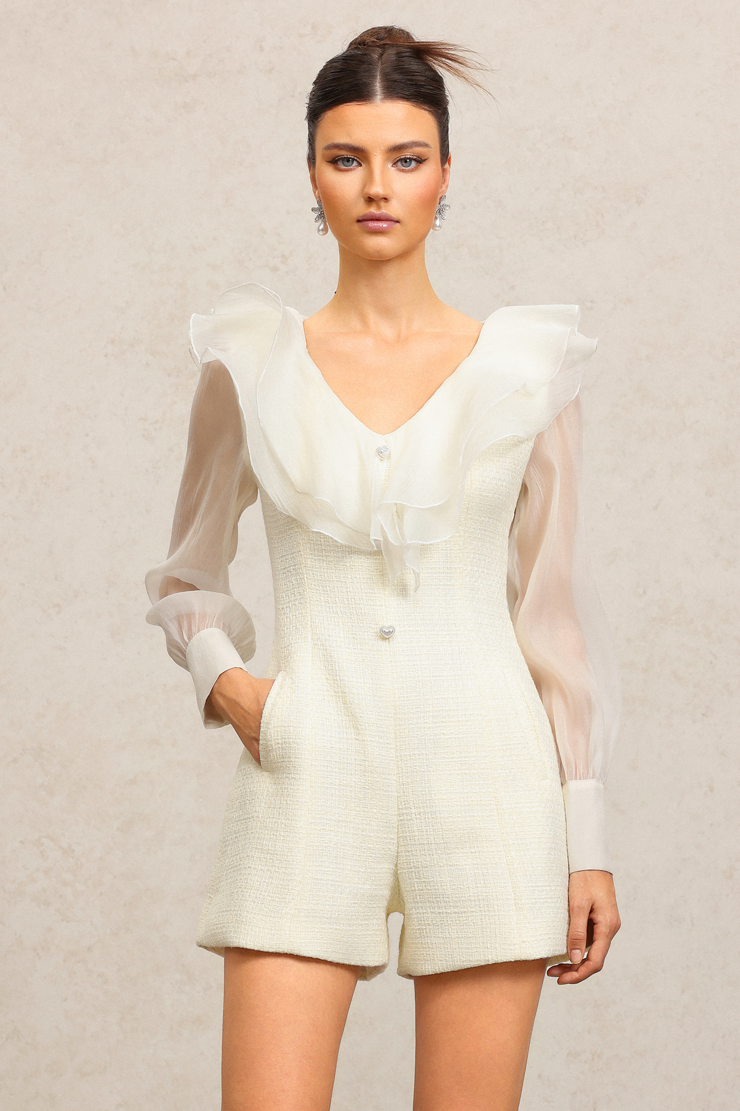 Terlyn V-Neck Long Sleeves Folds Mini Jumpsuit