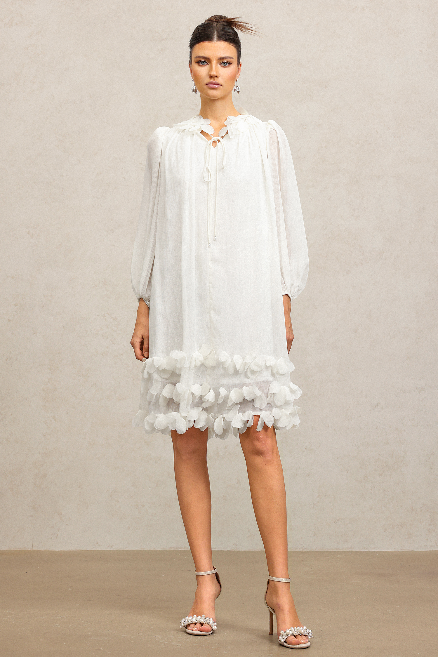 Lila Long Sleeves Flowers Folds Mini Dress