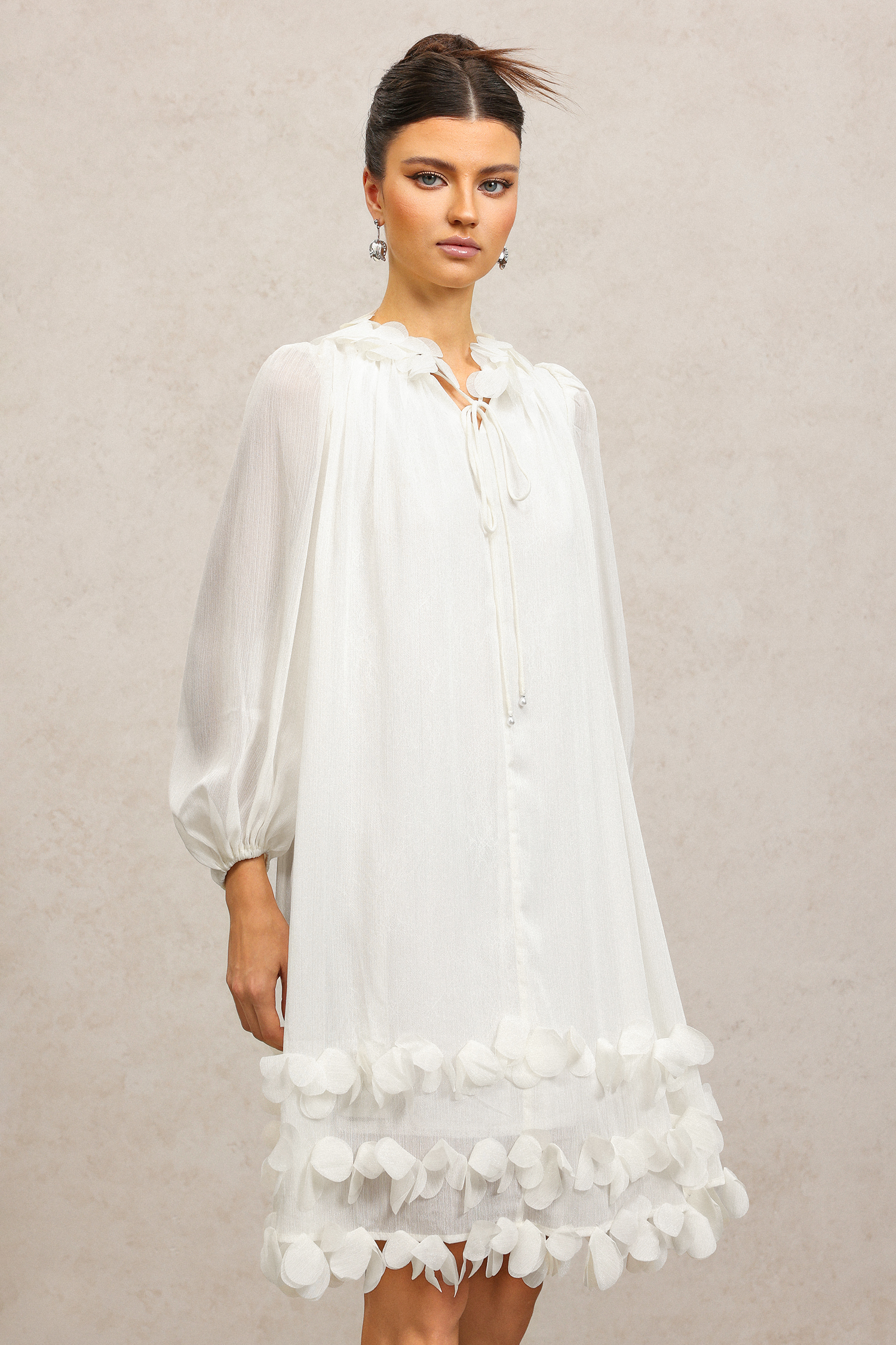 Lila Long Sleeves Flowers Folds Mini Dress