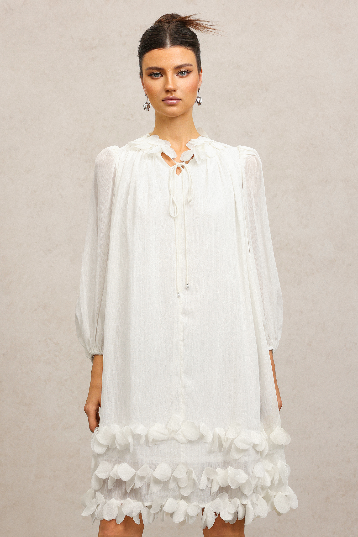 Lila Long Sleeves Flowers Folds Mini Dress