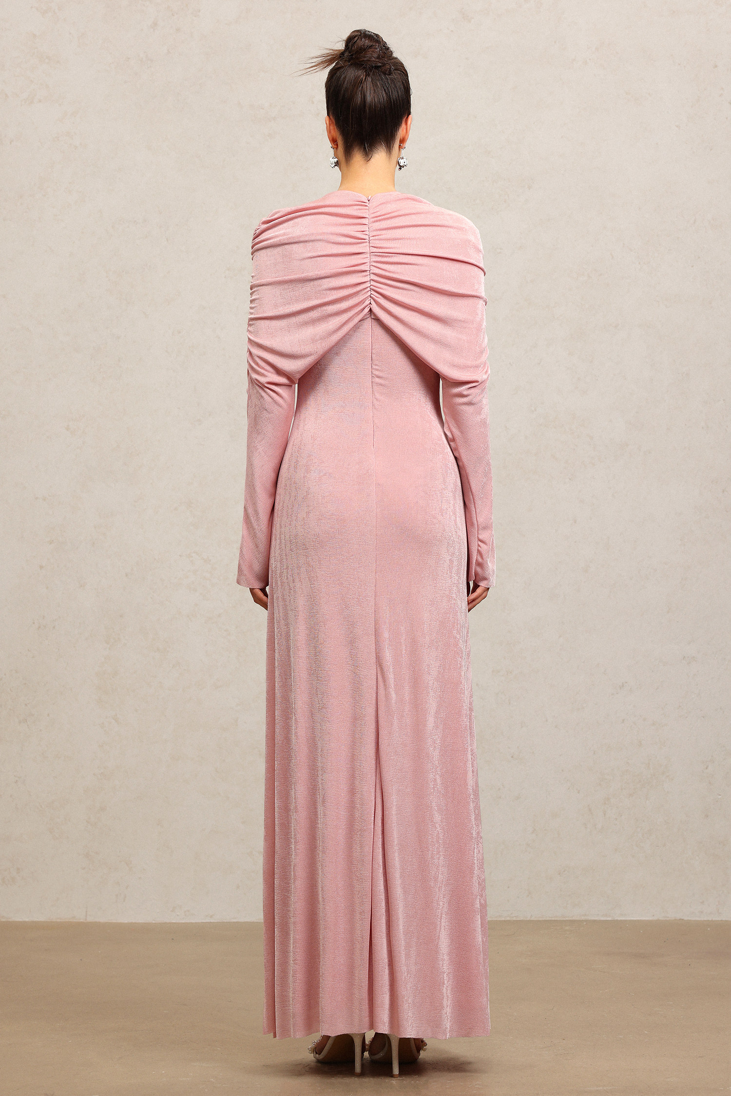 Kolari Round Neck Long Sleeves Asymmetric Folds Pink Maxi Dress