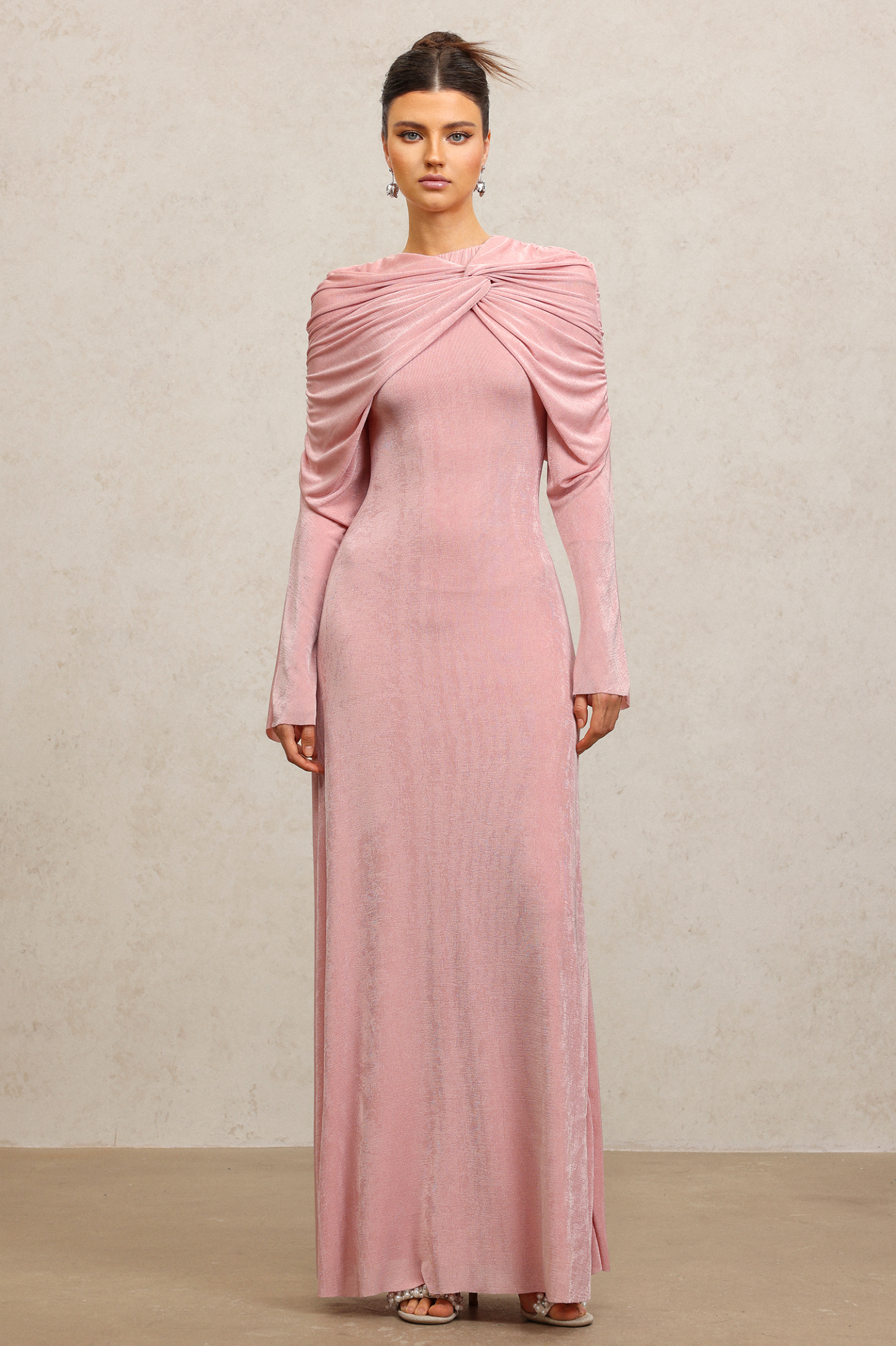 Kolari Round Neck Long Sleeves Asymmetric Folds Pink Maxi Dress
