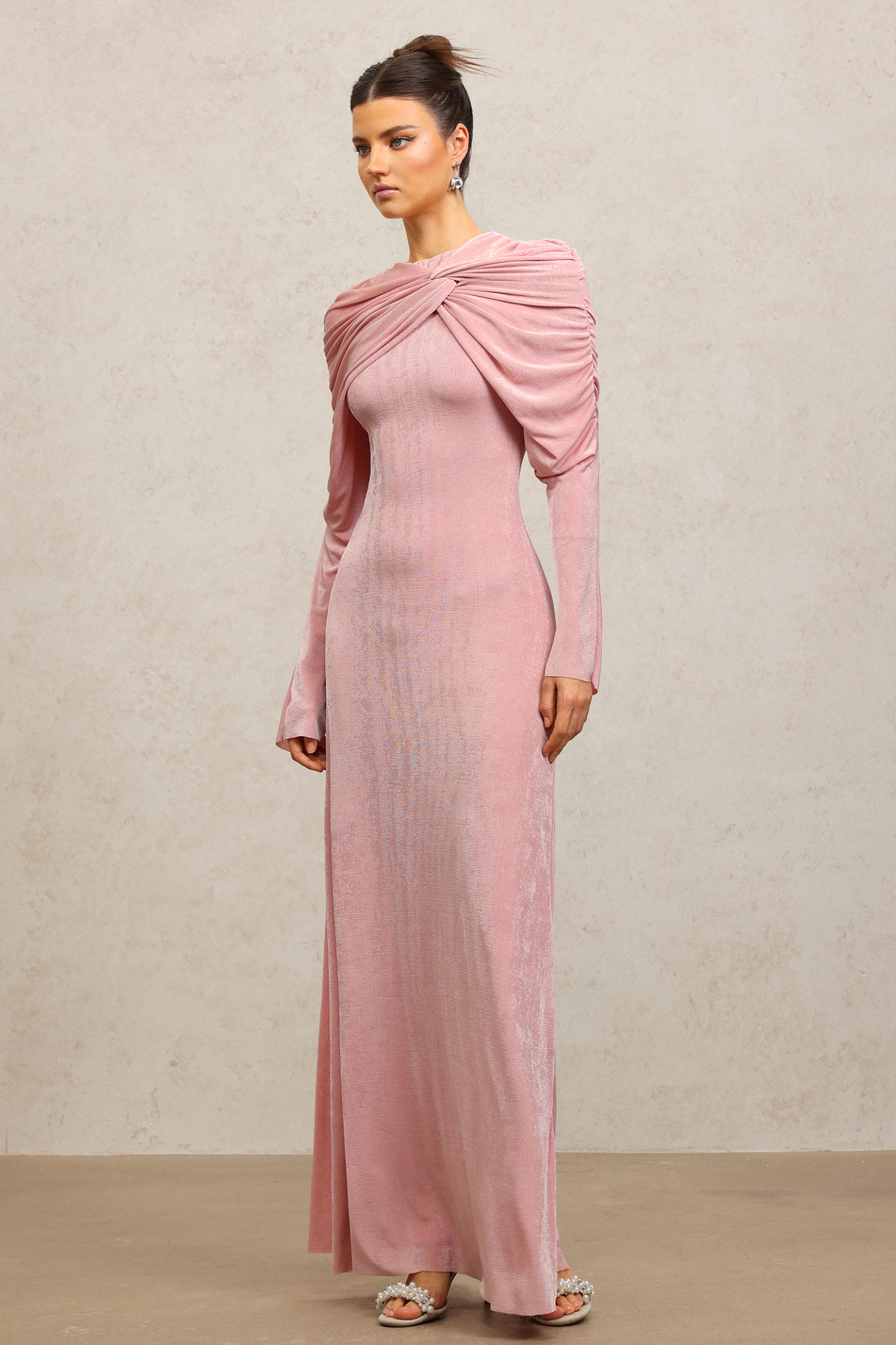 Kolari Round Neck Long Sleeves Asymmetric Folds Pink Maxi Dress