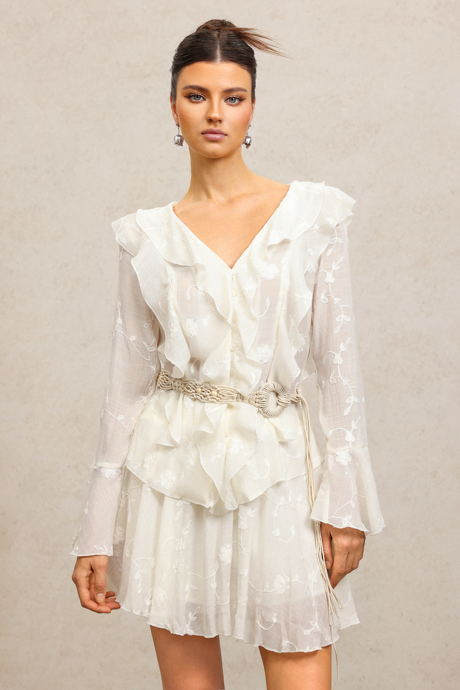 Loulia V-Neck Long Sleeves Folds Top And Skirt Two-Piece Set