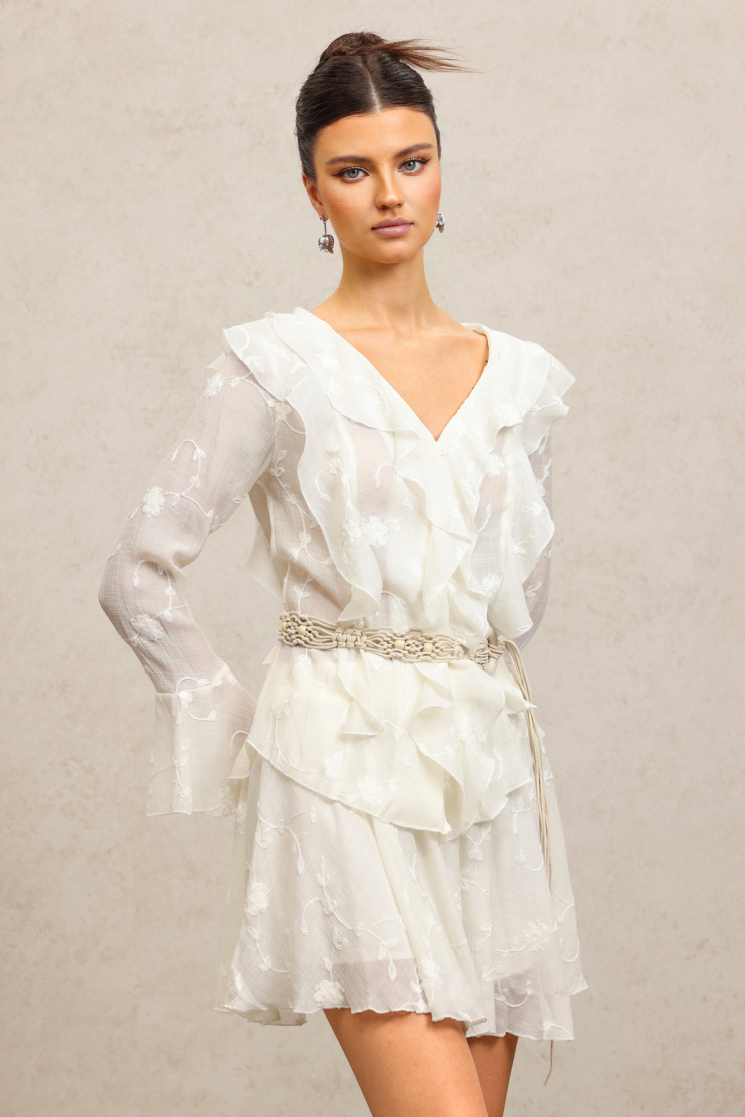 Loulia V-Neck Long Sleeves Folds Top And Skirt Two-Piece Set