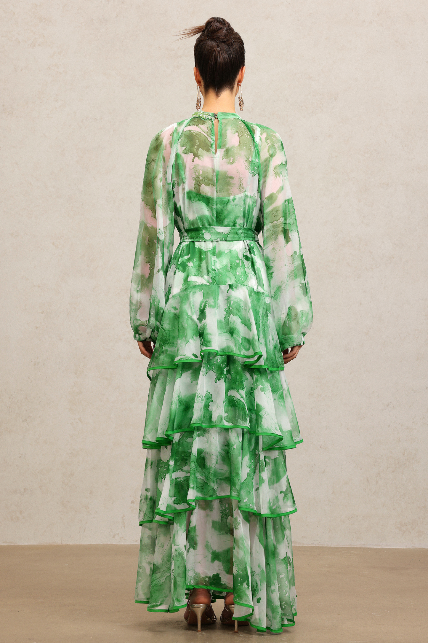 Jolie Round Neck Long Sleeves Floral Printed Folds Green Maxi Dress