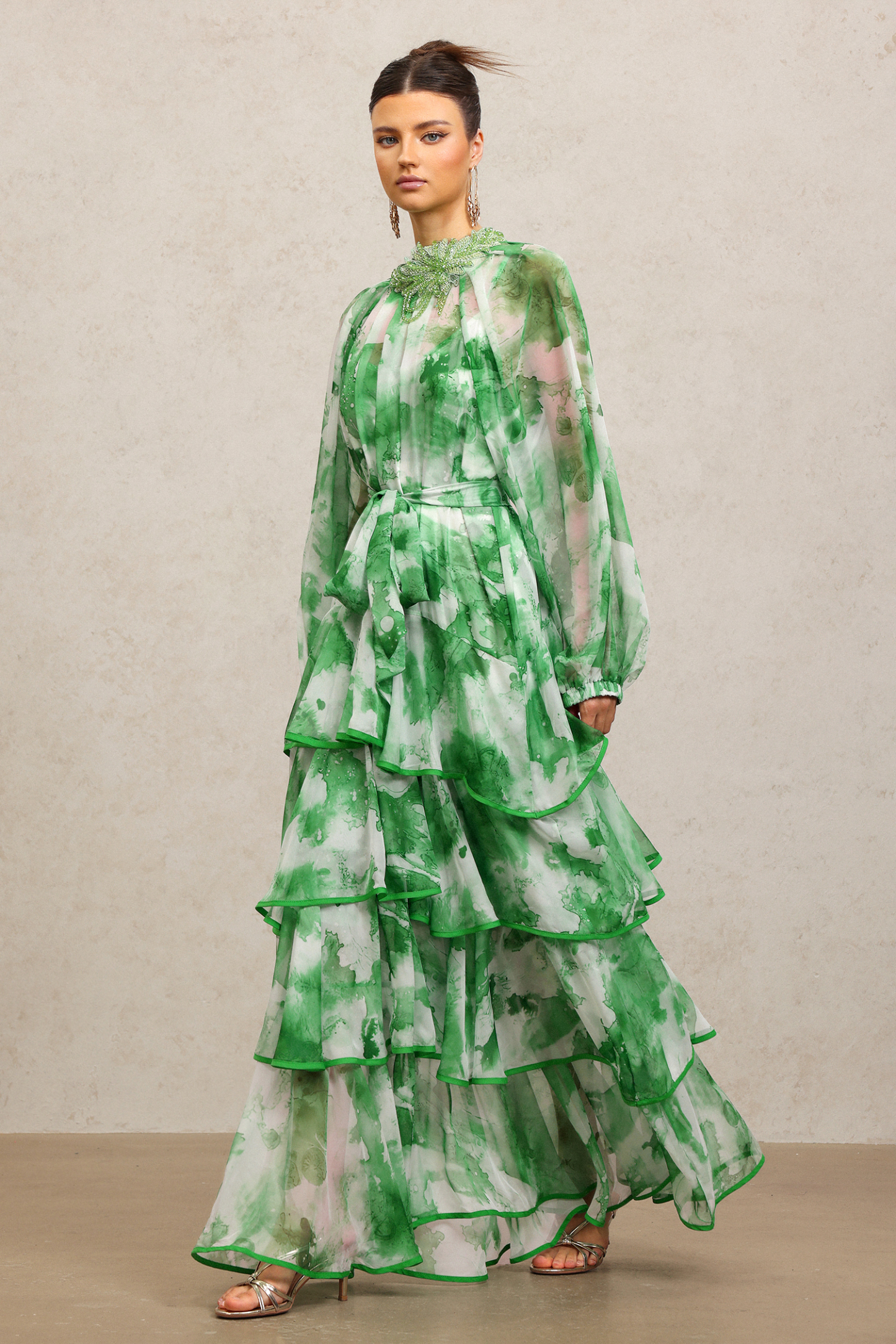 Jolie Round Neck Long Sleeves Floral Printed Folds Green Maxi Dress