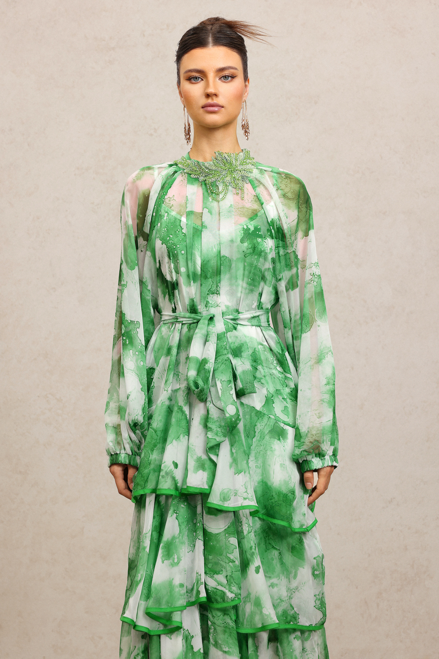 Jolie Round Neck Long Sleeves Floral Printed Folds Green Maxi Dress