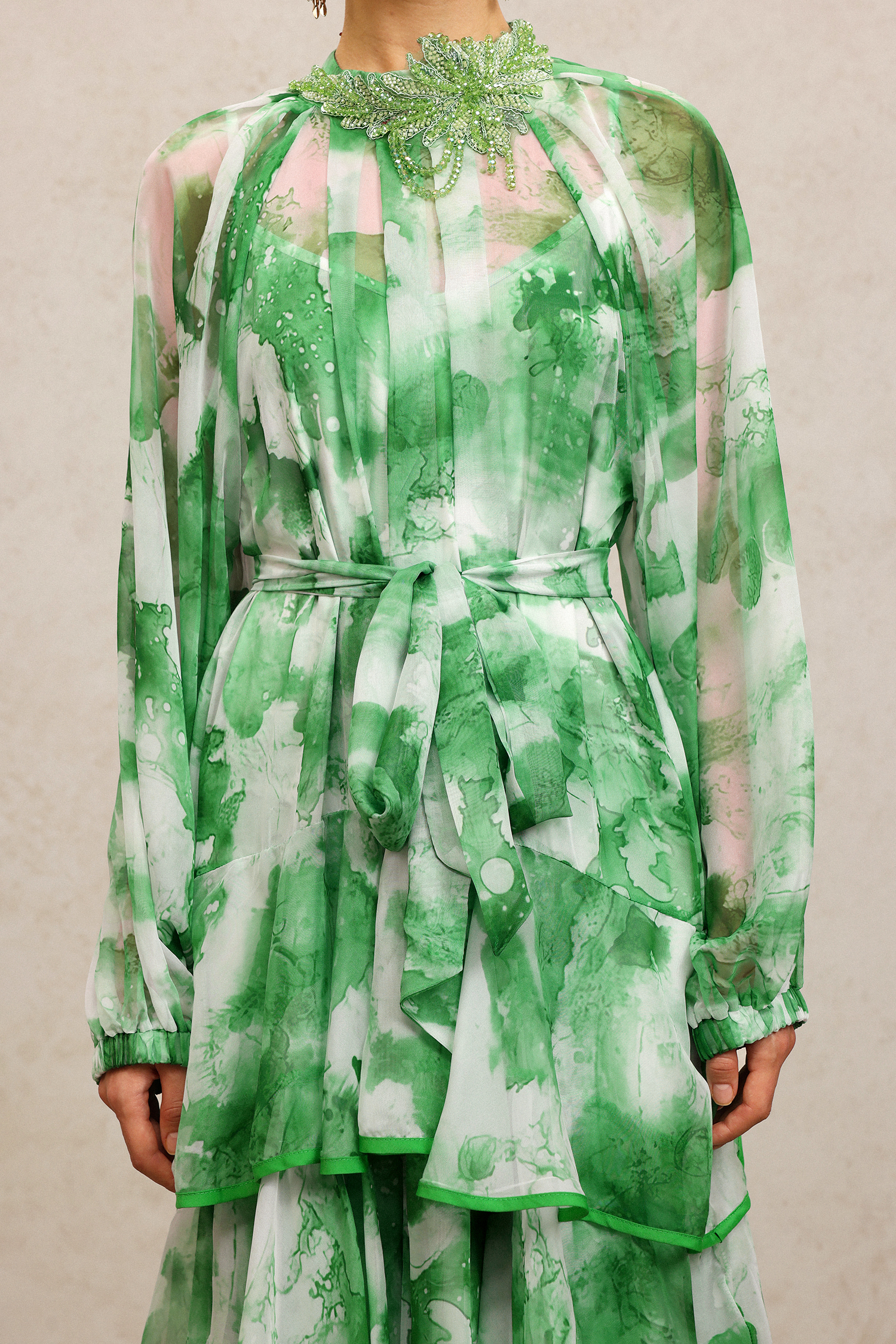 Jolie Round Neck Long Sleeves Floral Printed Folds Green Maxi Dress