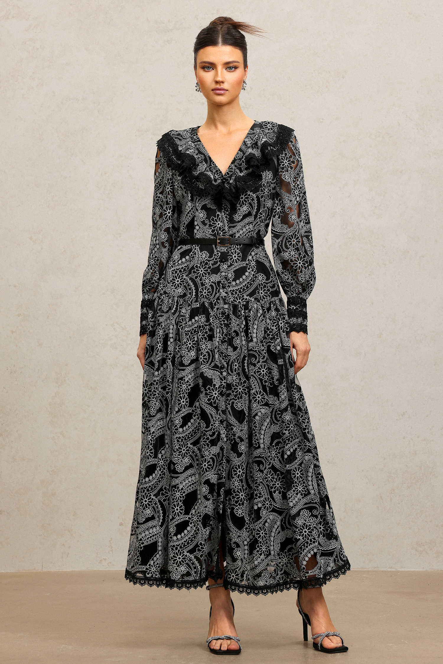 Nailah V-Neck Long Sleeves Lace Folds Maxi Dress