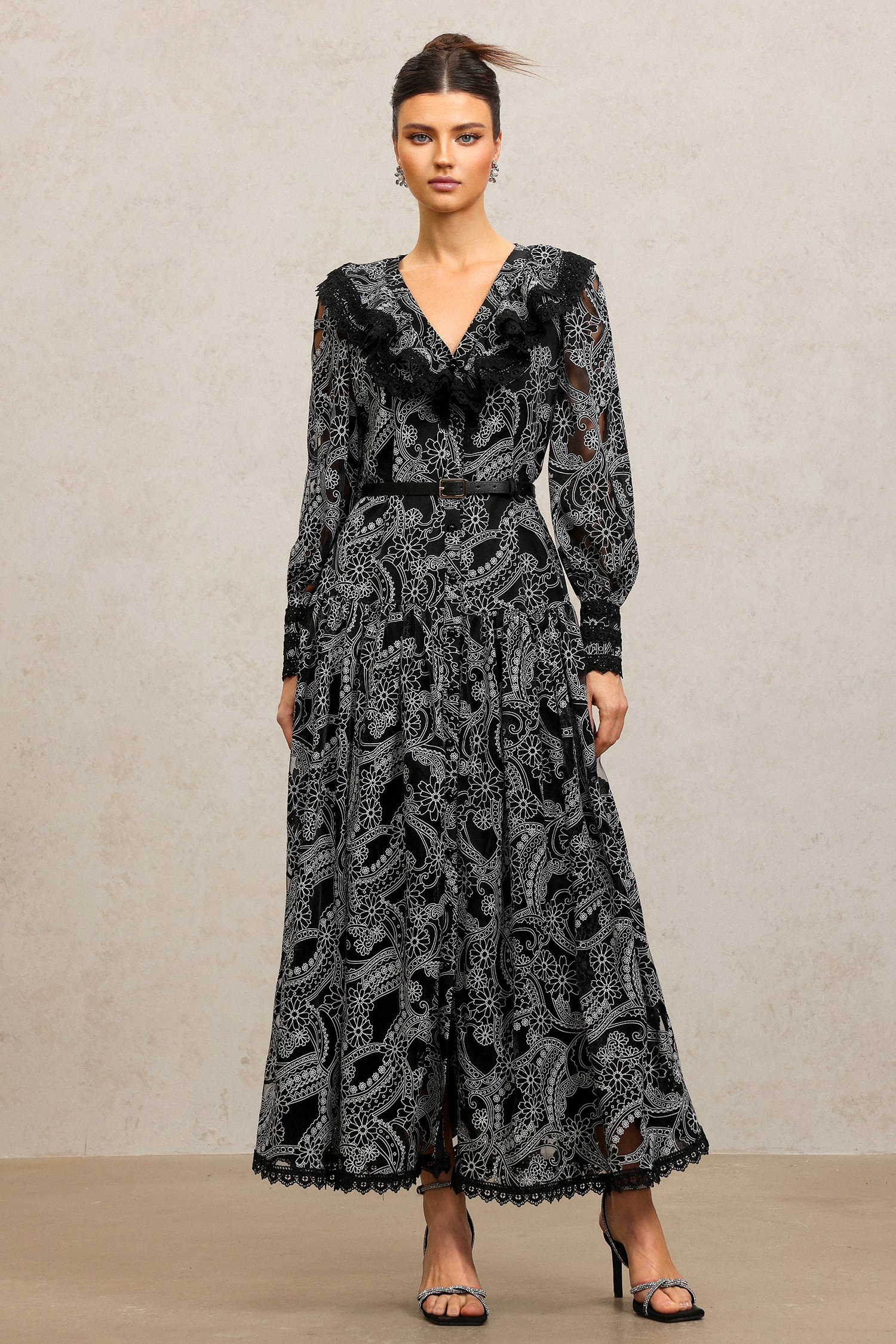 Nailah V-Neck Long Sleeves Lace Folds Maxi Dress