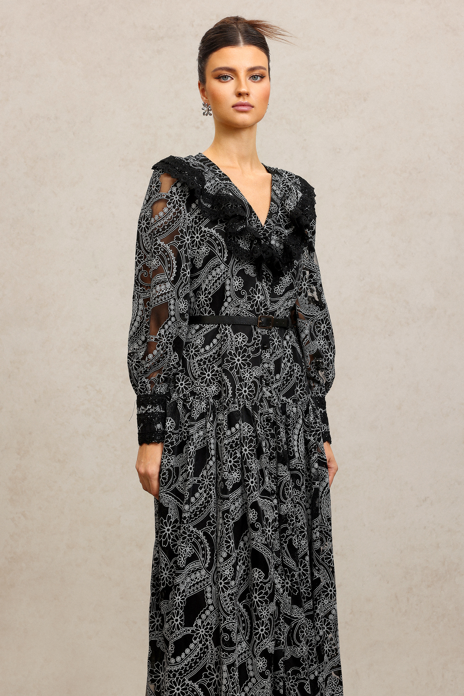 Nailah V-Neck Long Sleeves Lace Folds Maxi Dress