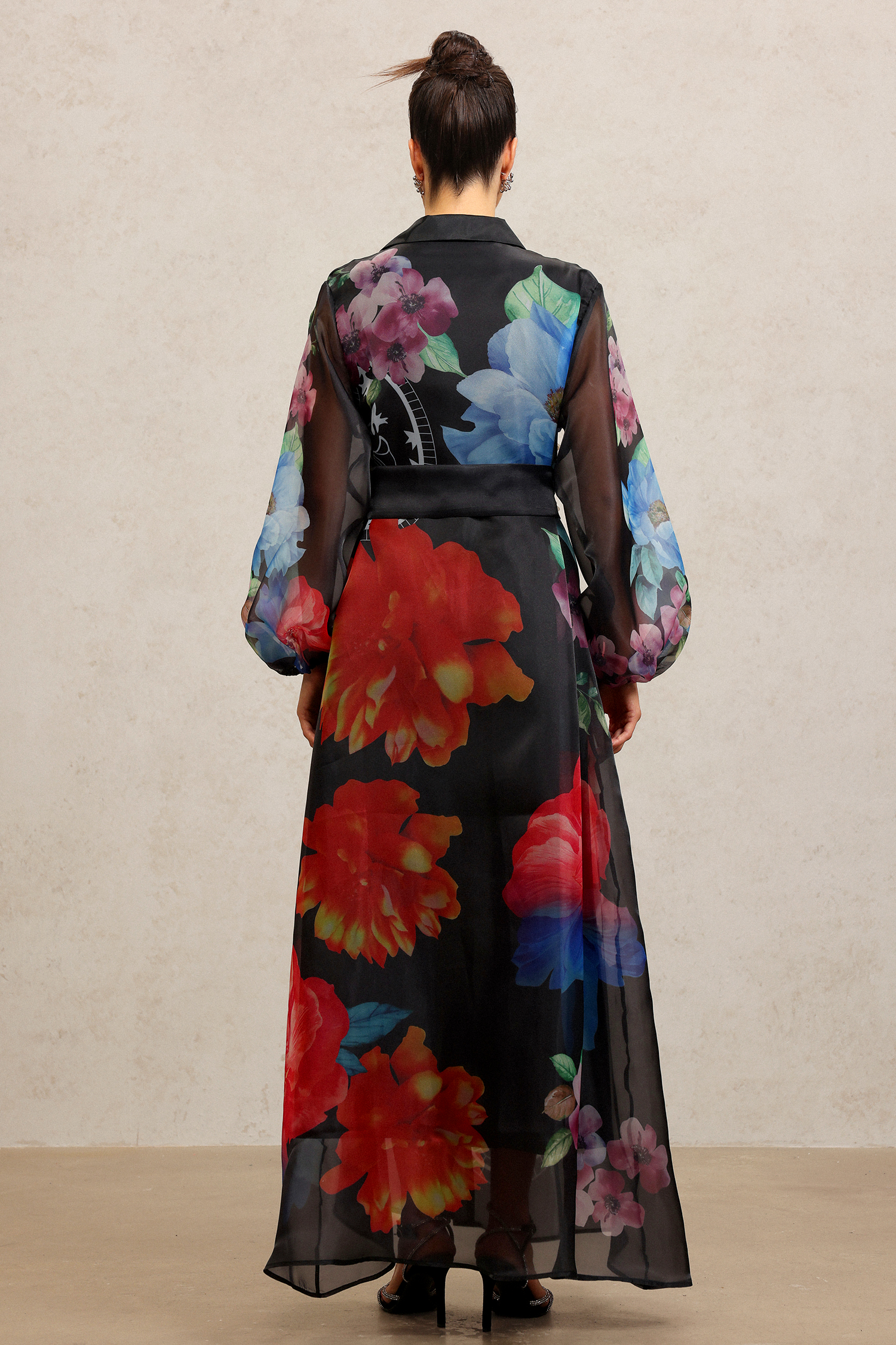 Farrah Lapel Long Sleeves Flowers Printed Maxi Dress