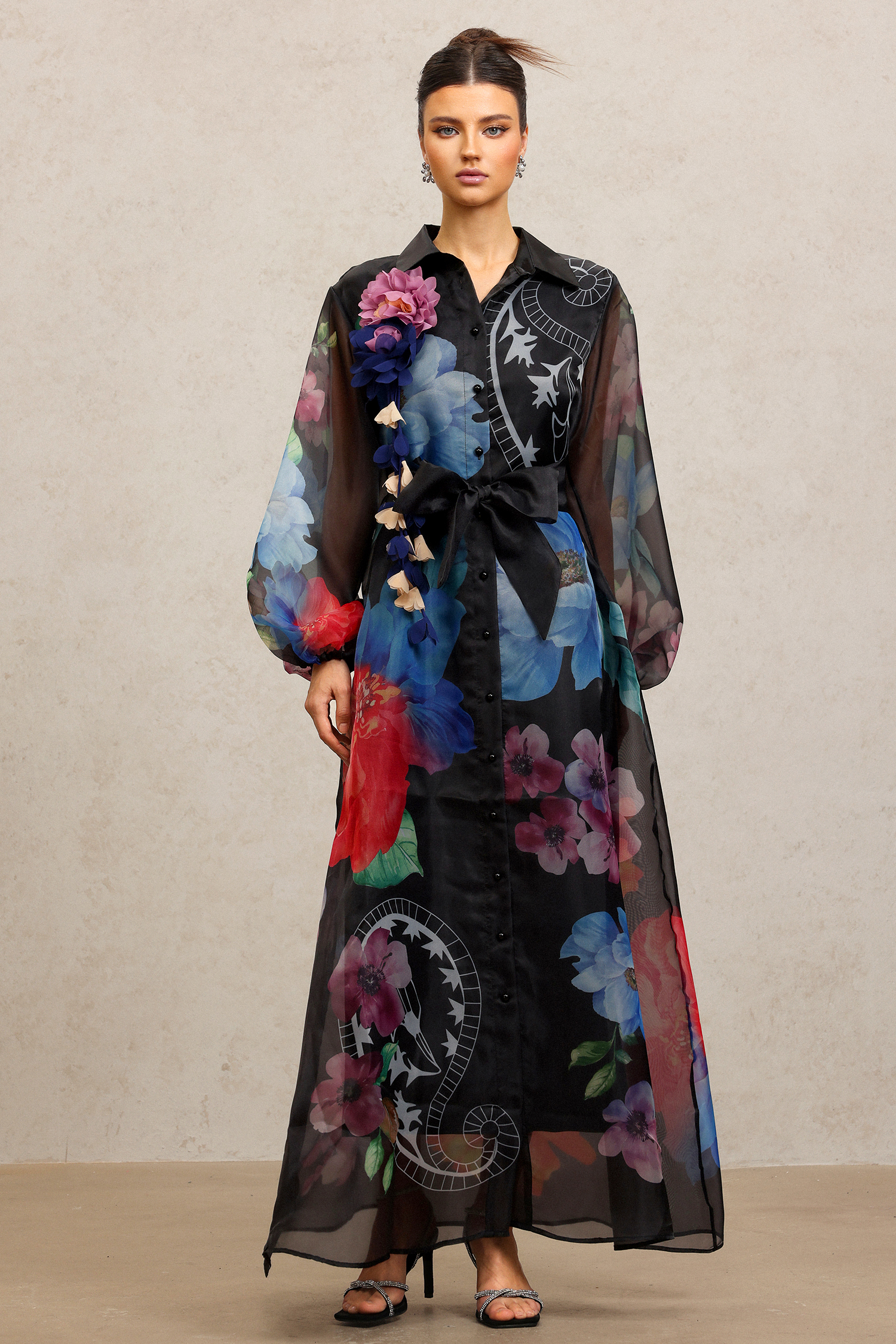 Farrah Lapel Long Sleeves Flowers Printed Maxi Dress