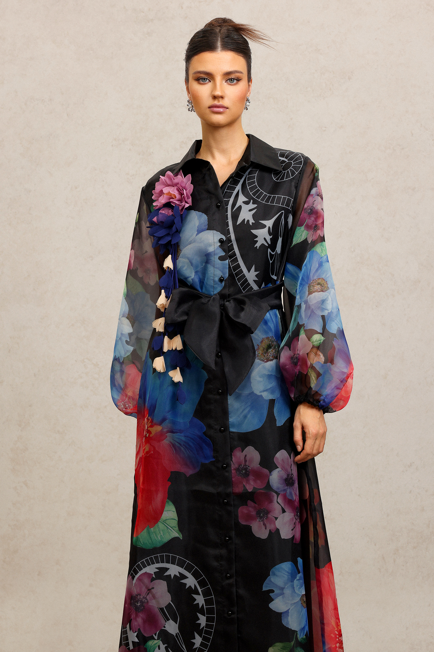 Farrah Lapel Long Sleeves Flowers Printed Maxi Dress