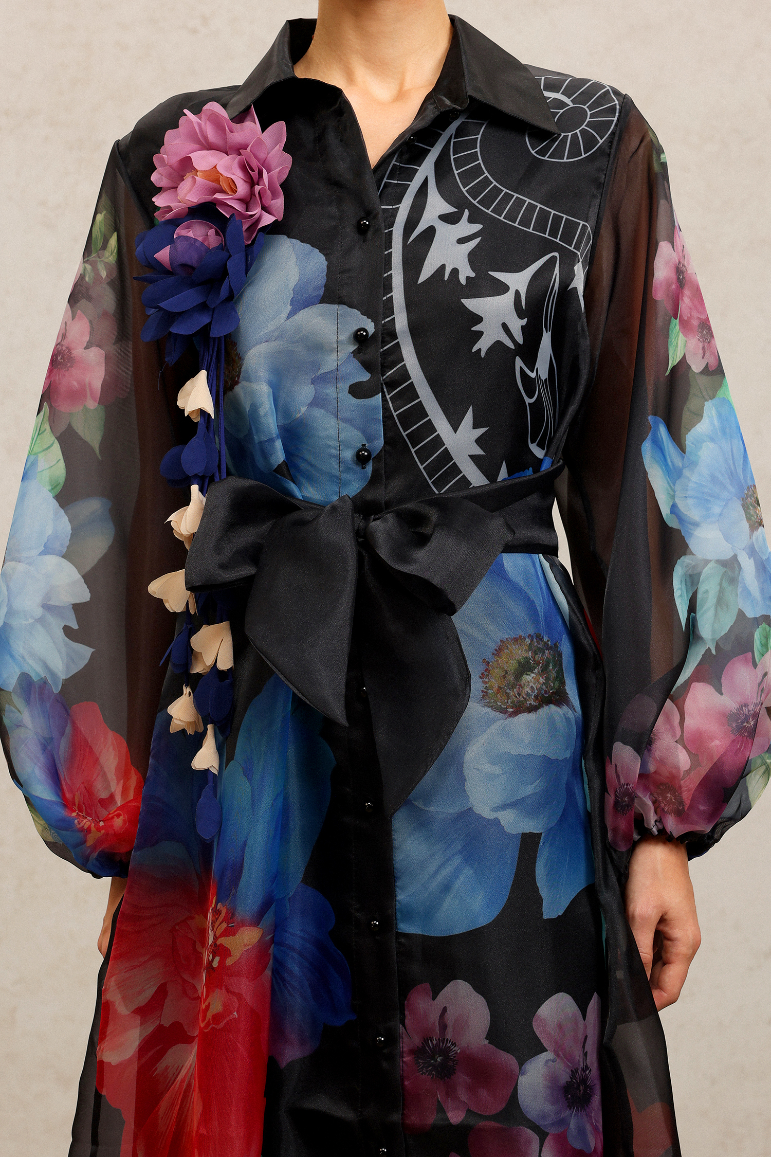 Farrah Lapel Long Sleeves Flowers Printed Maxi Dress