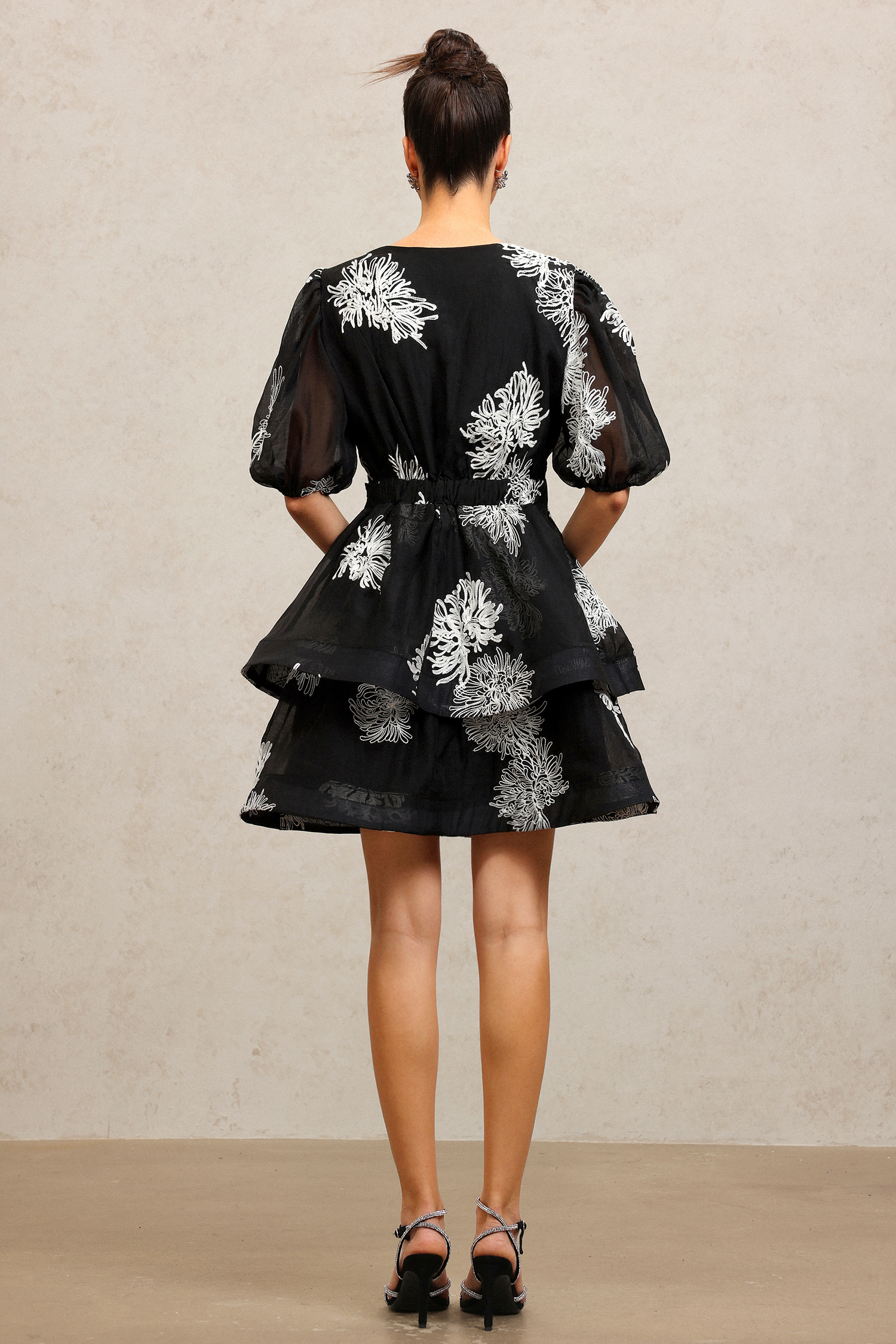 Kenza V-Neck Puff Sleeves Embroidery Flower Mini Dress