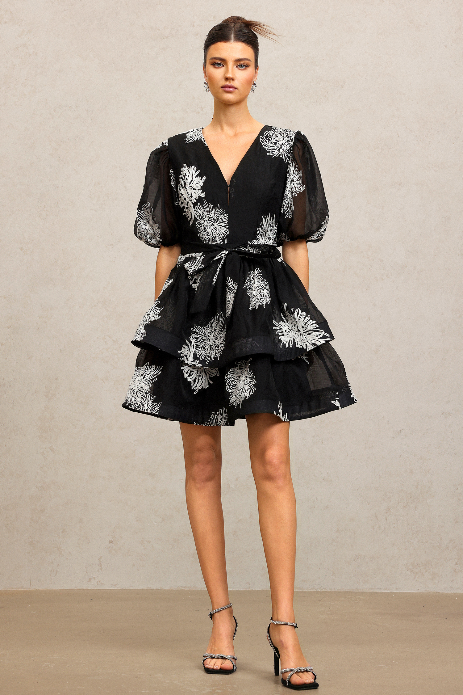 Kenza V-Neck Puff Sleeves Embroidery Flower Mini Dress