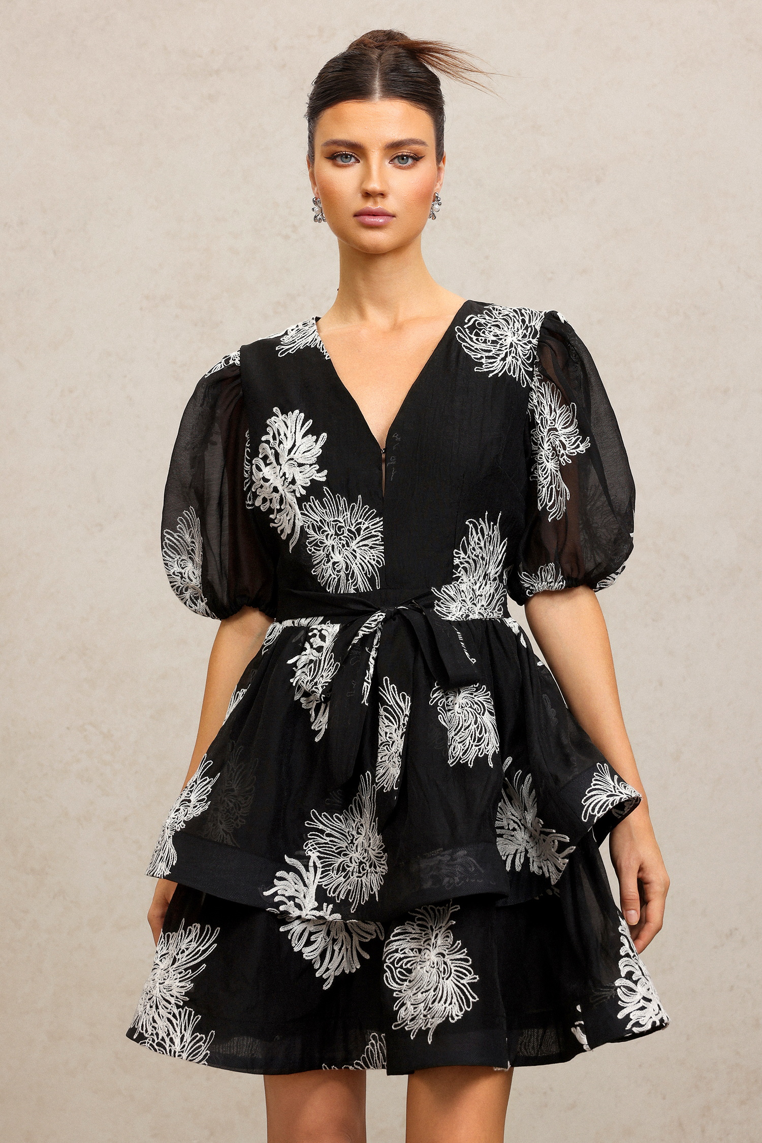 Kenza V-Neck Puff Sleeves Embroidery Flower Mini Dress