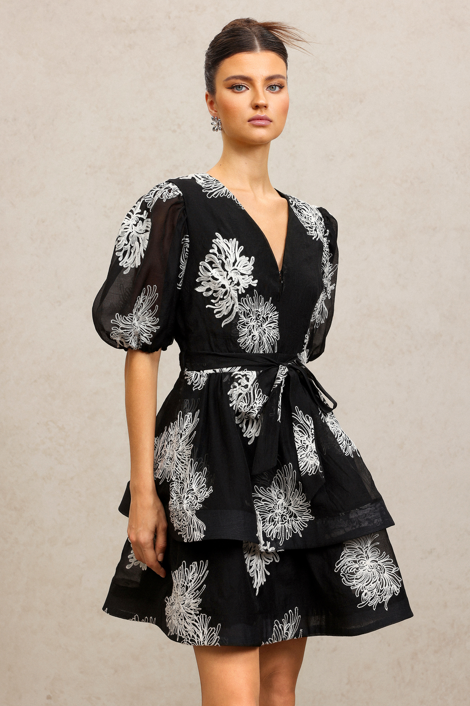 Kenza V-Neck Puff Sleeves Embroidery Flower Mini Dress