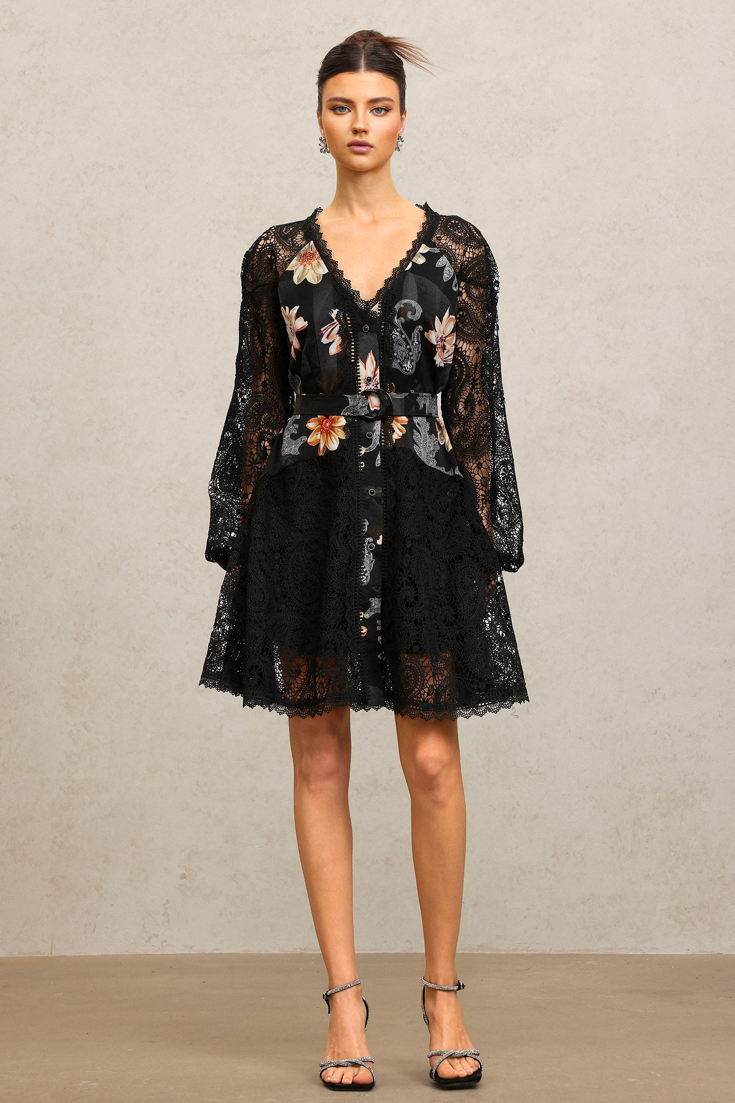 ラン　0516 Estrela V-Neck Long Sleeves Floral Printed Lace Mini Dress