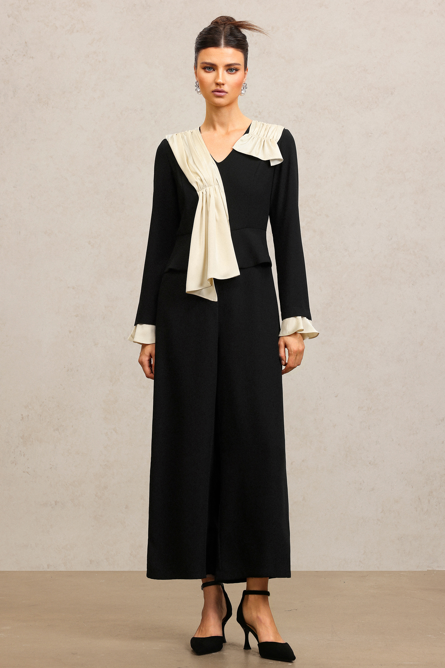 Karsten V-Neck Long Sleeves Folds Maxi Jumpsuit