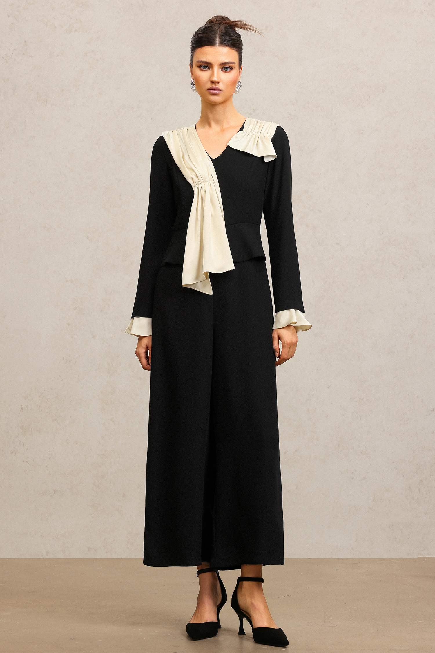 Karsten V-Neck Long Sleeves Folds Maxi Jumpsuit