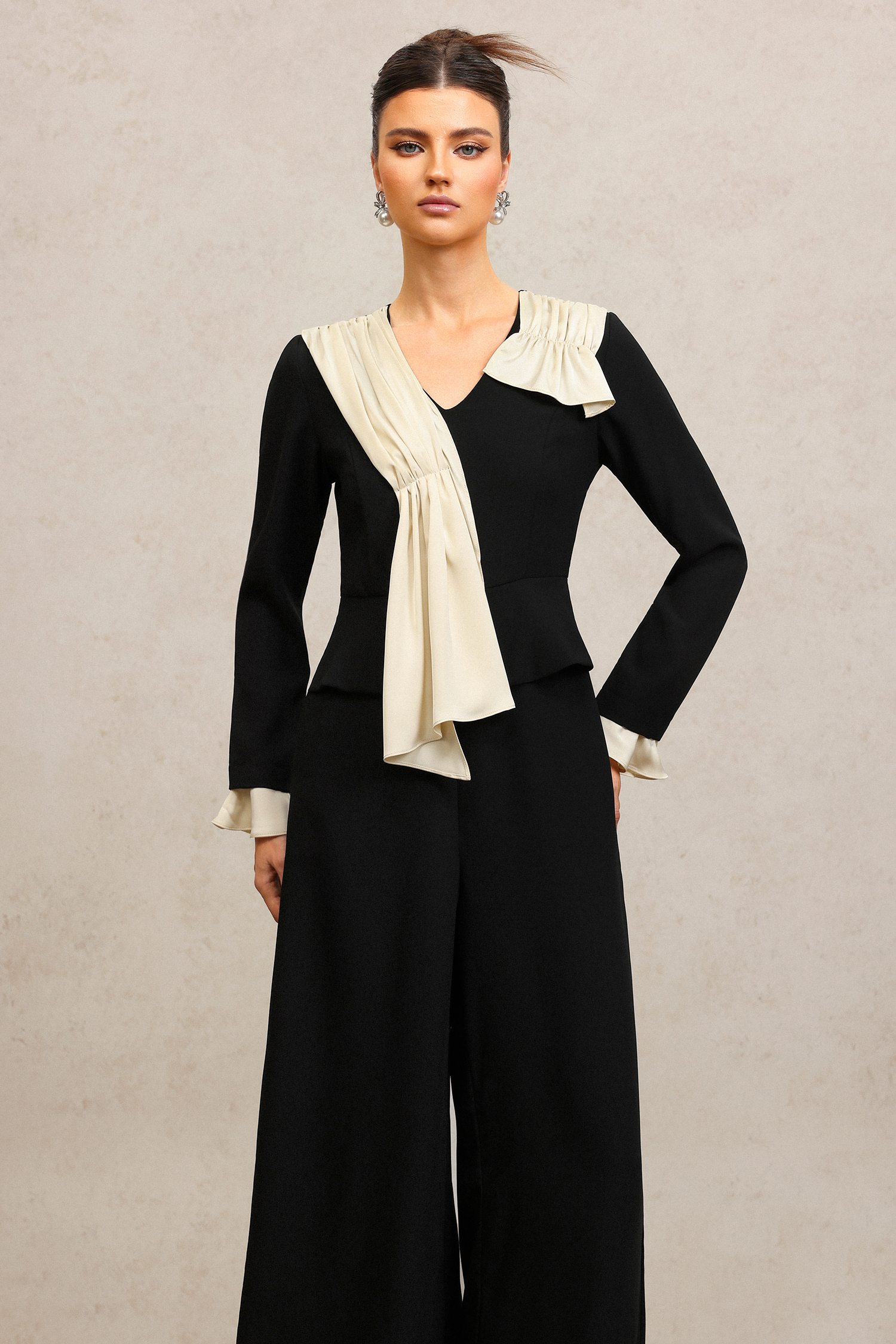 Karsten V-Neck Long Sleeves Folds Maxi Jumpsuit