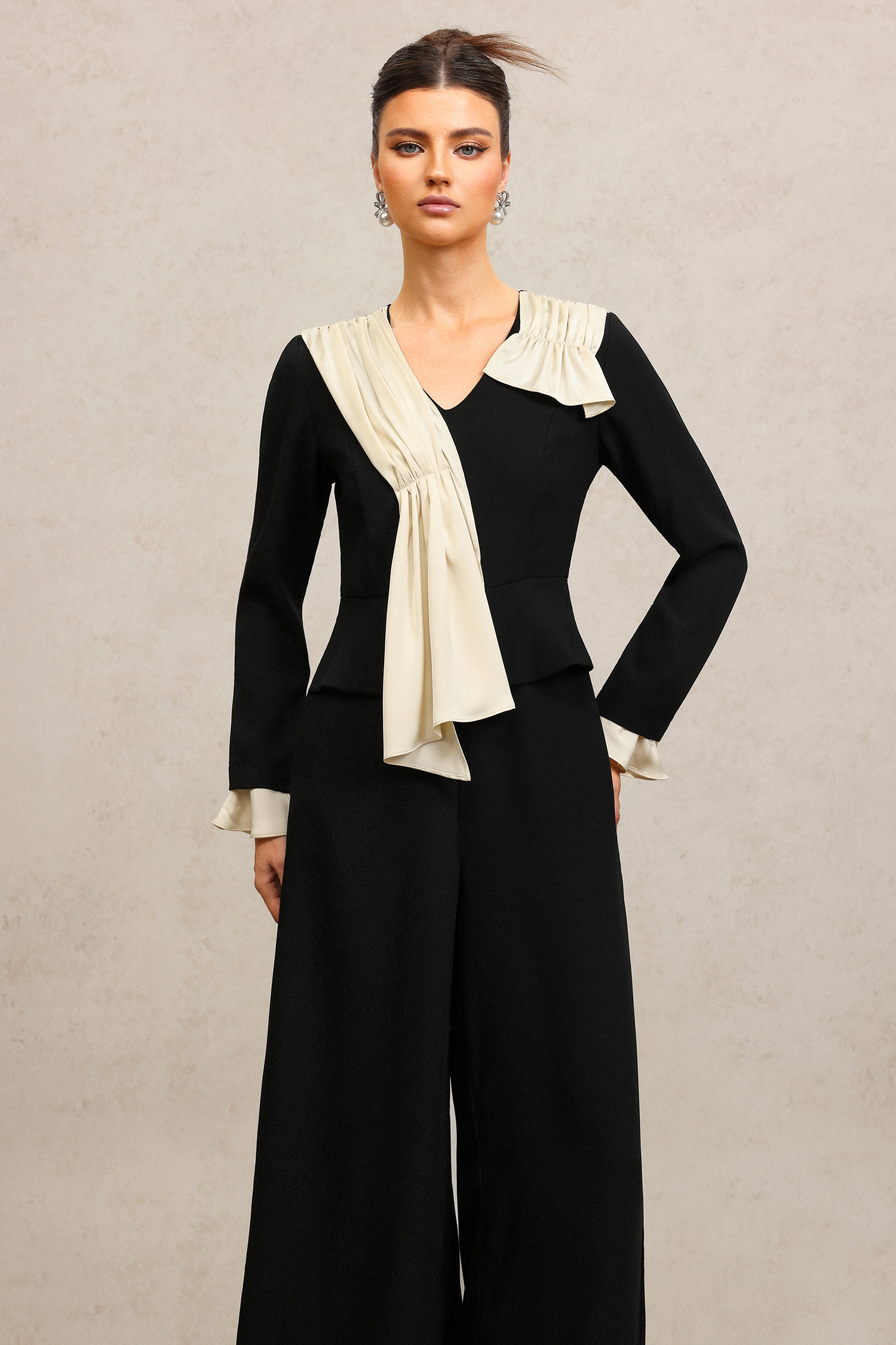 Karsten V-Neck Long Sleeves Folds Maxi Jumpsuit