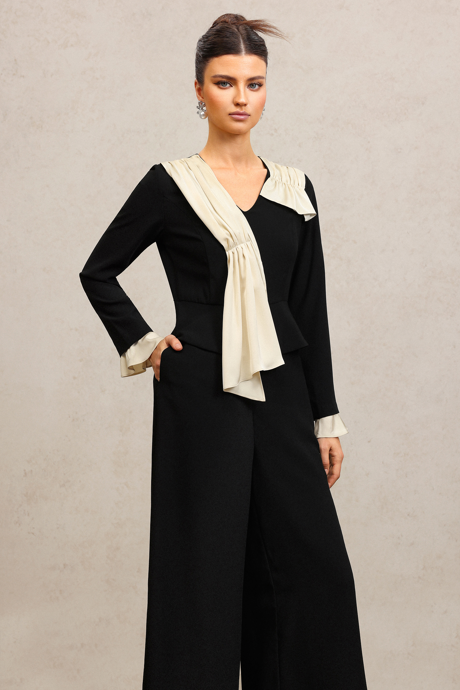 Karsten V-Neck Long Sleeves Folds Maxi Jumpsuit