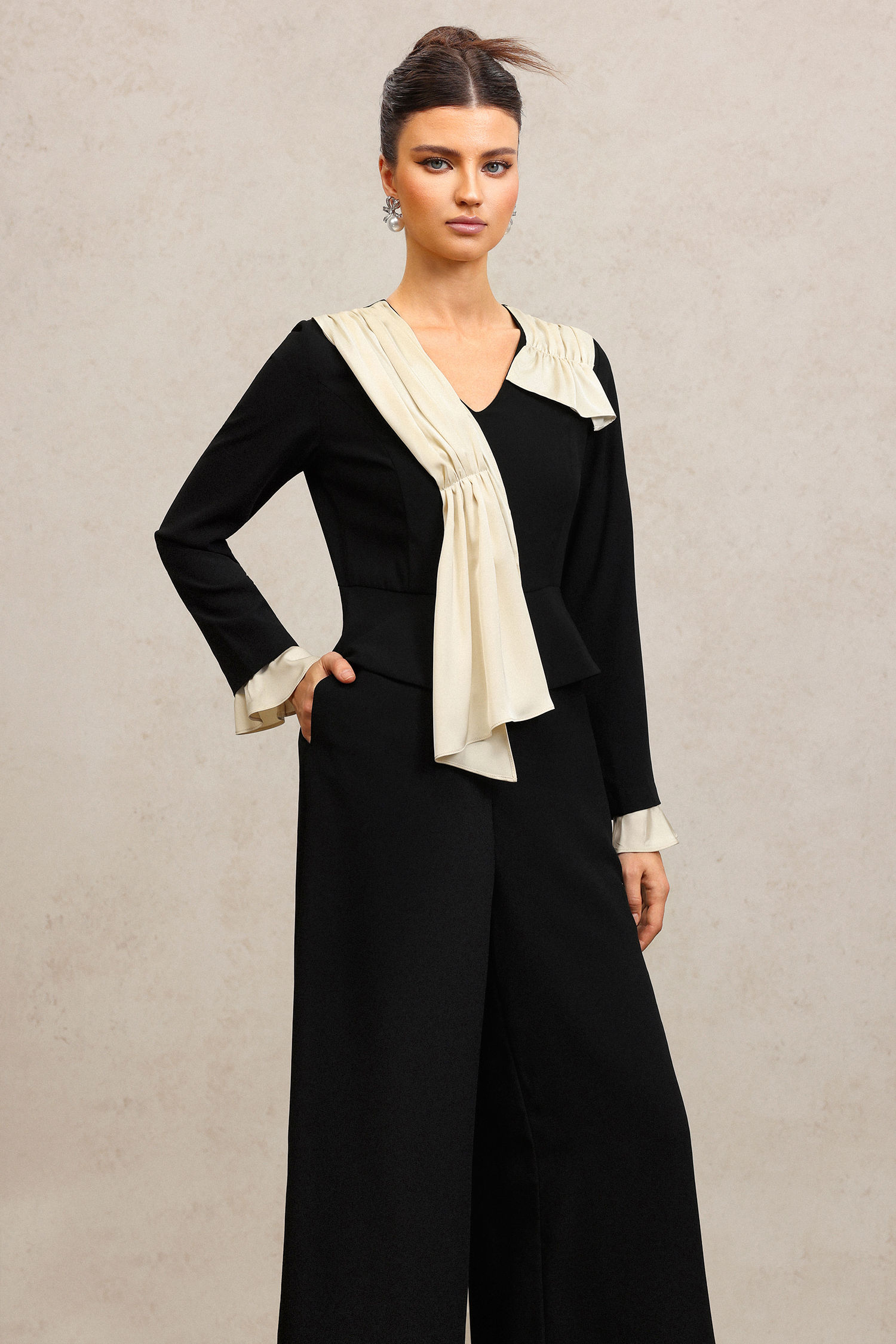 Karsten V-Neck Long Sleeves Folds Maxi Jumpsuit