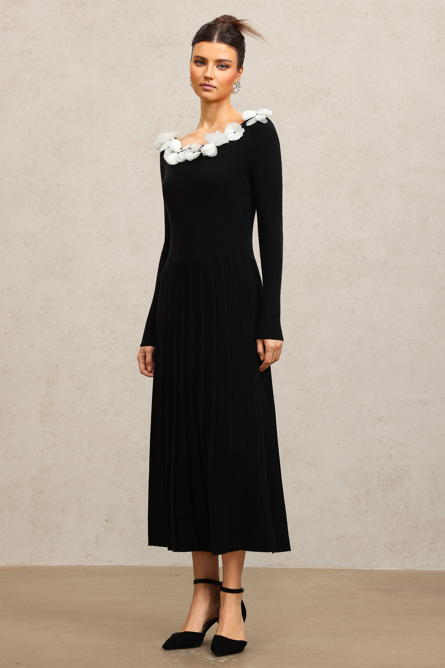 Steffi Round Neck Flowers Long Sleeves Folds Maxi Dress