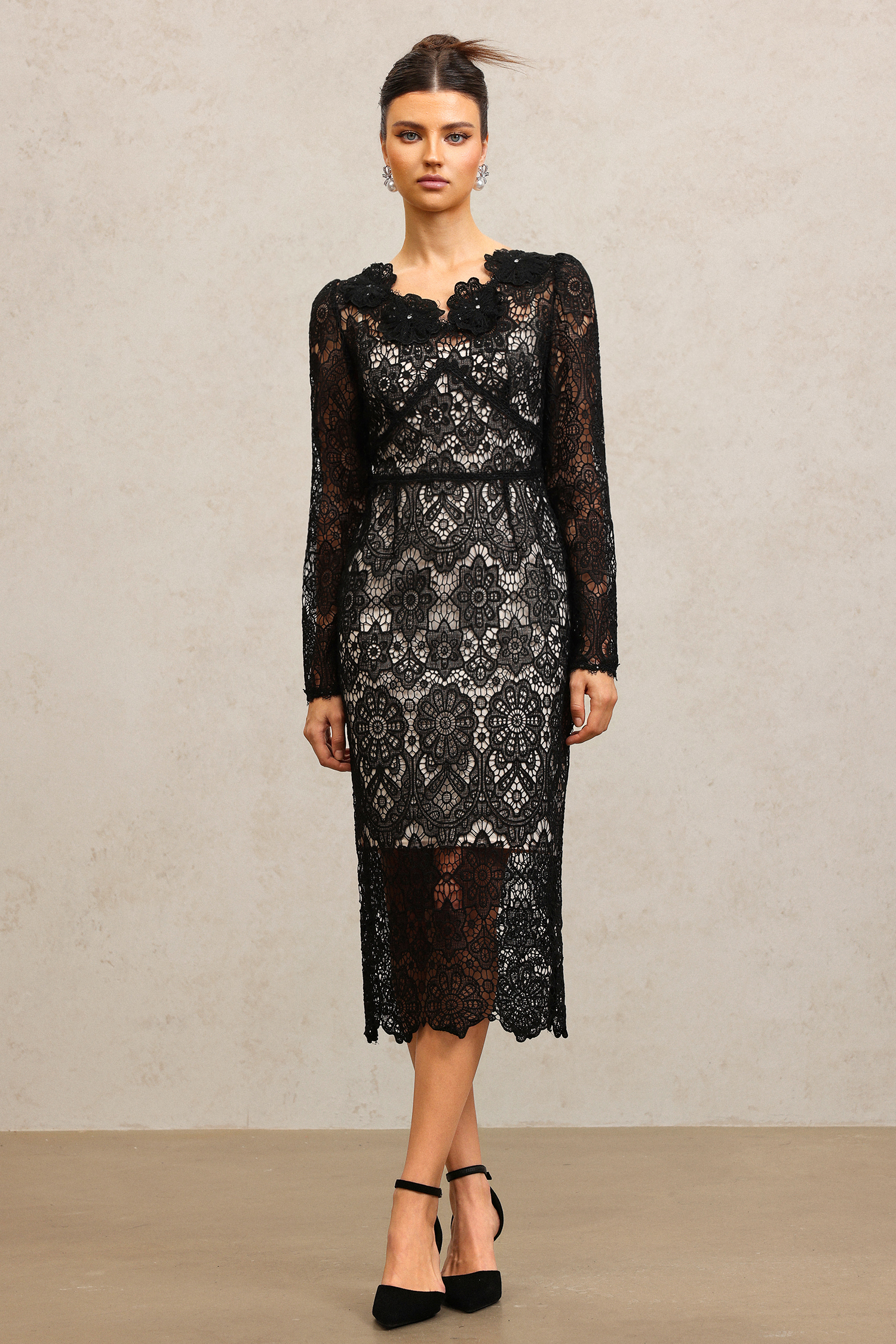 Galla Long Sleeves Flowers Lace Midi Dress – Bellabarnett