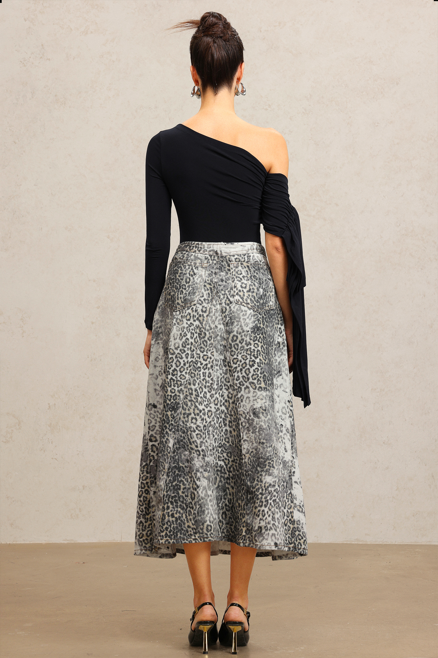 Marina One Shoulder Streamer Leopard Print Denim Top And Skirt Two-Piece Set