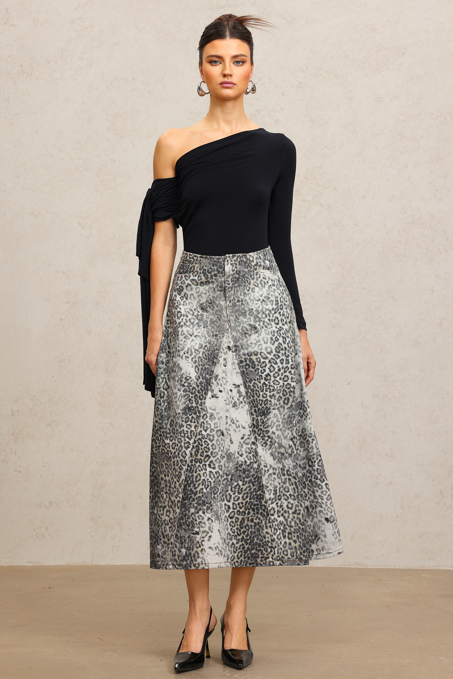 Marina One Shoulder Streamer Leopard Print Denim Top And Skirt Two-Piece Set