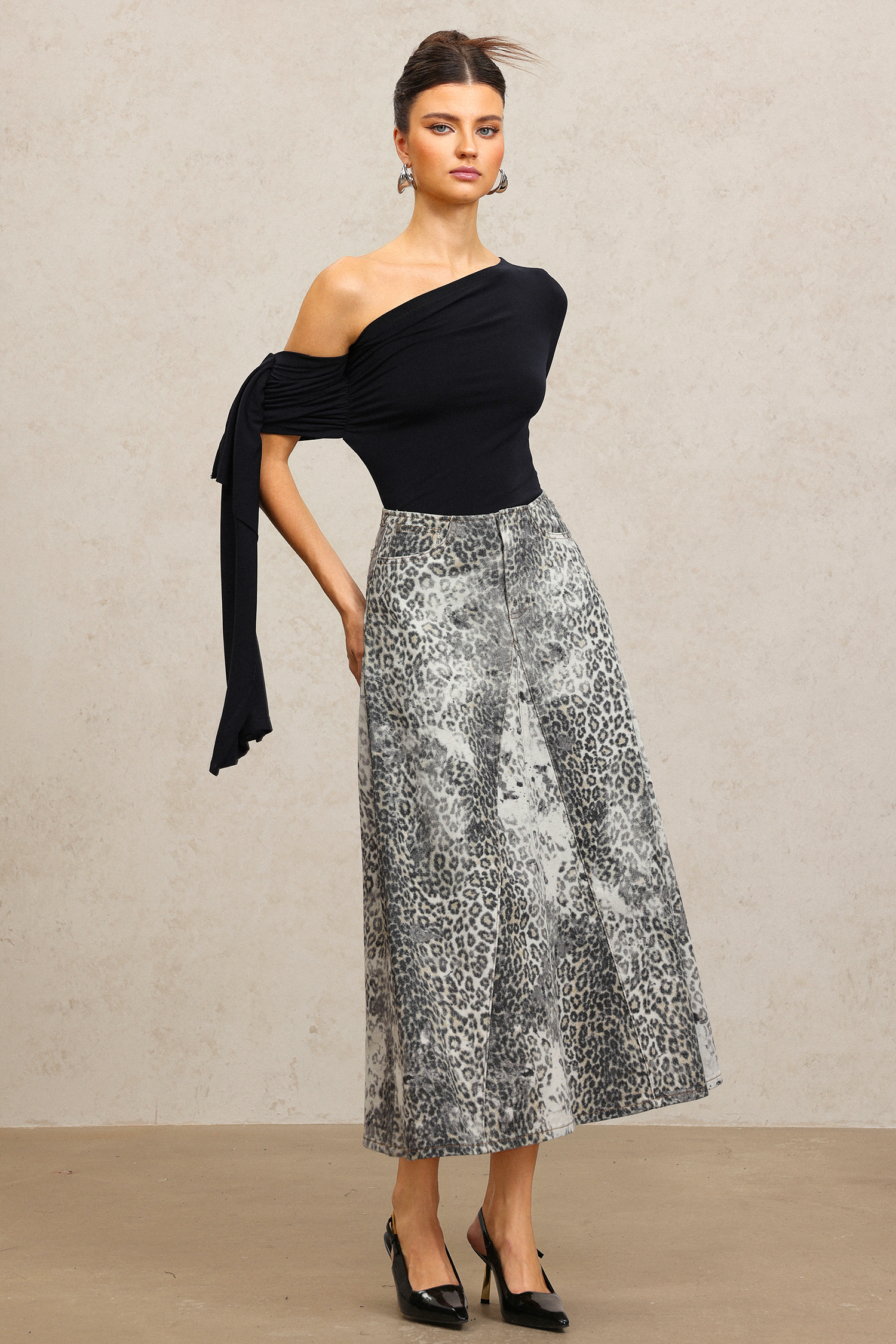 Marina One Shoulder Streamer Leopard Print Denim Top And Skirt Two-Piece Set