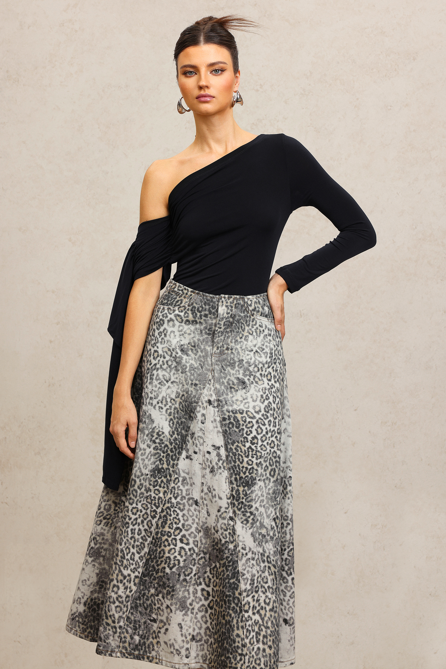 Marina One Shoulder Streamer Leopard Print Denim Top And Skirt Two-Piece Set