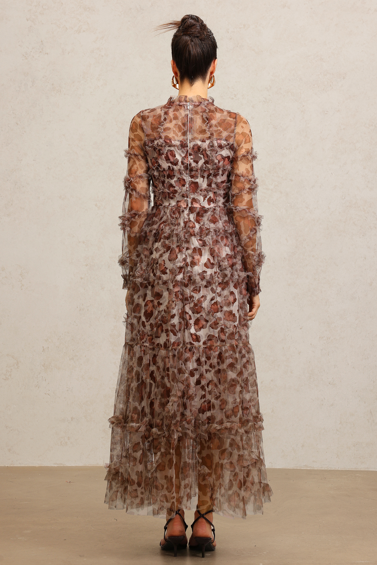 Paul Long Sleeves Leopard Print Folds Maxi Dress