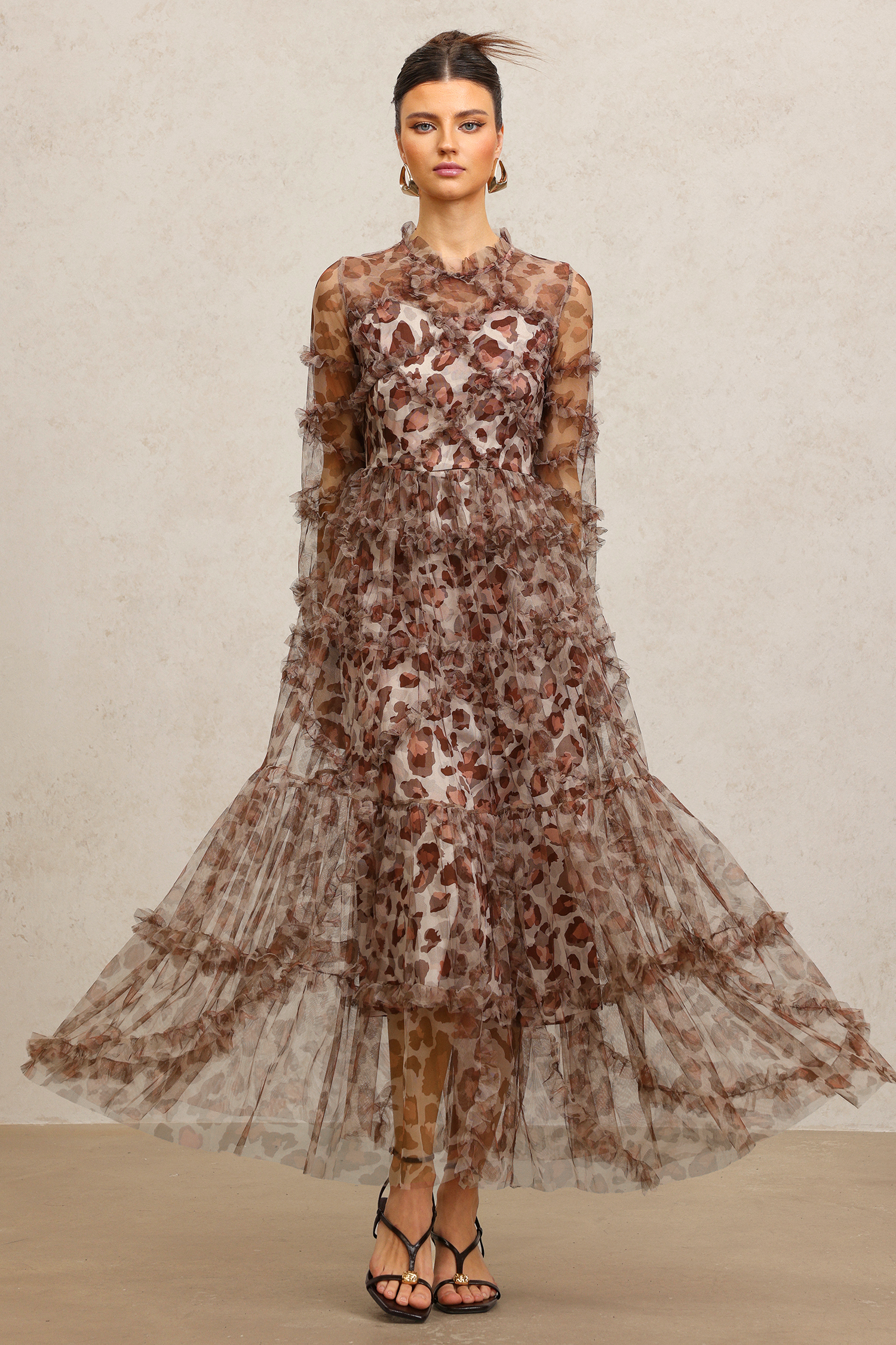 Paul Long Sleeves Leopard Print Folds Maxi Dress