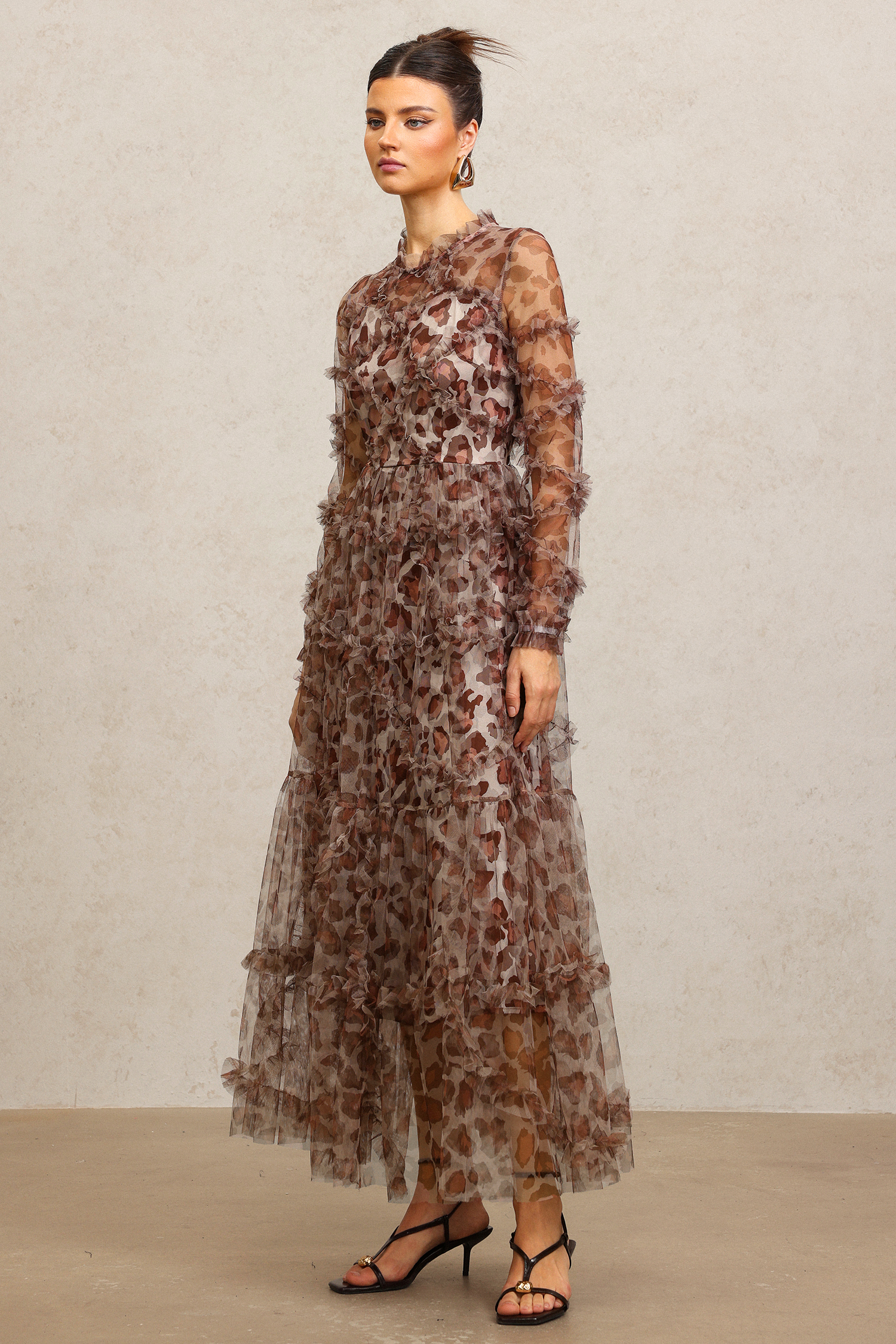 Paul Long Sleeves Leopard Print Folds Maxi Dress