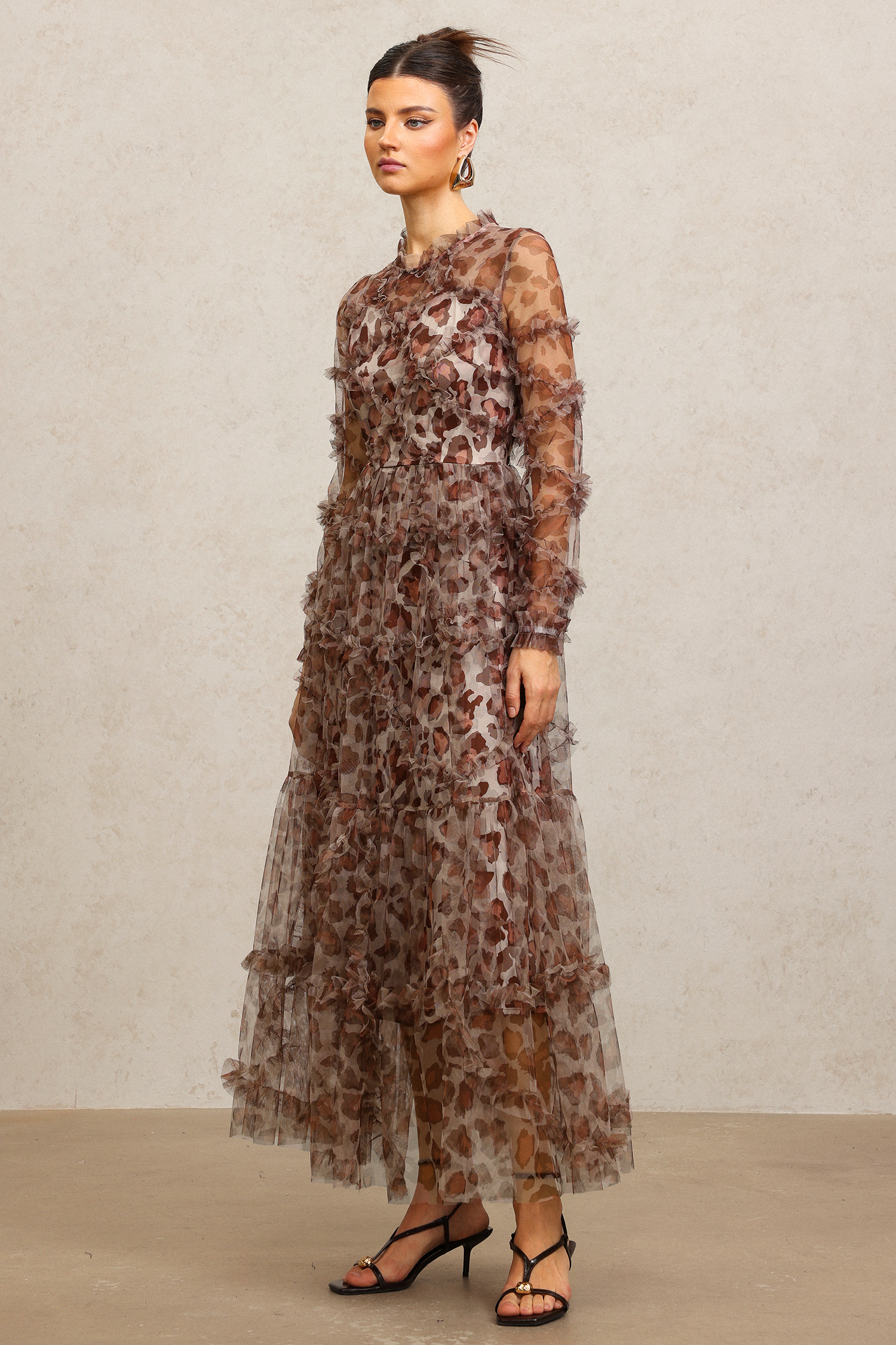 Paul Long Sleeves Leopard Print Folds Maxi Dress