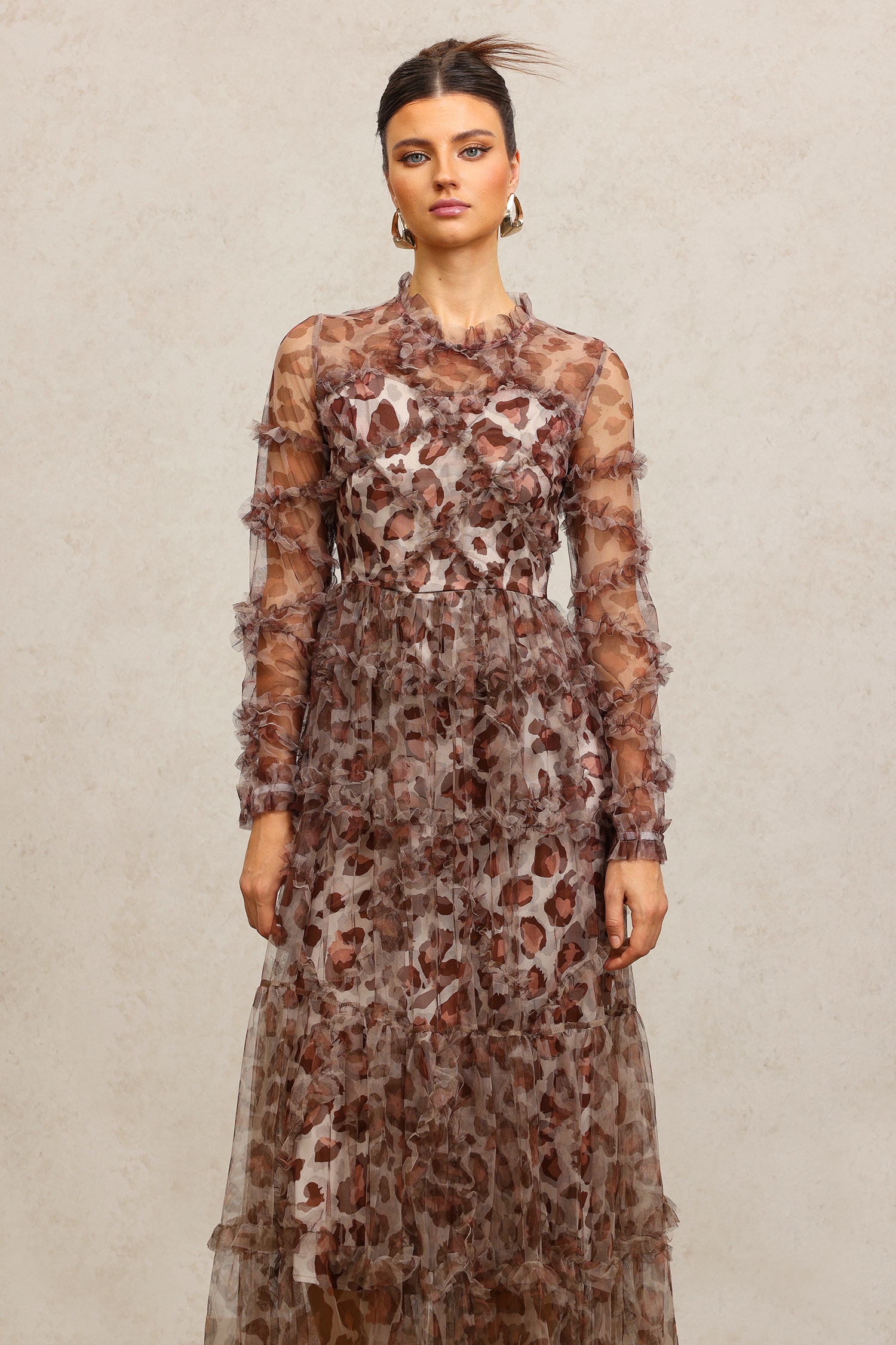 Paul Long Sleeves Leopard Print Folds Maxi Dress