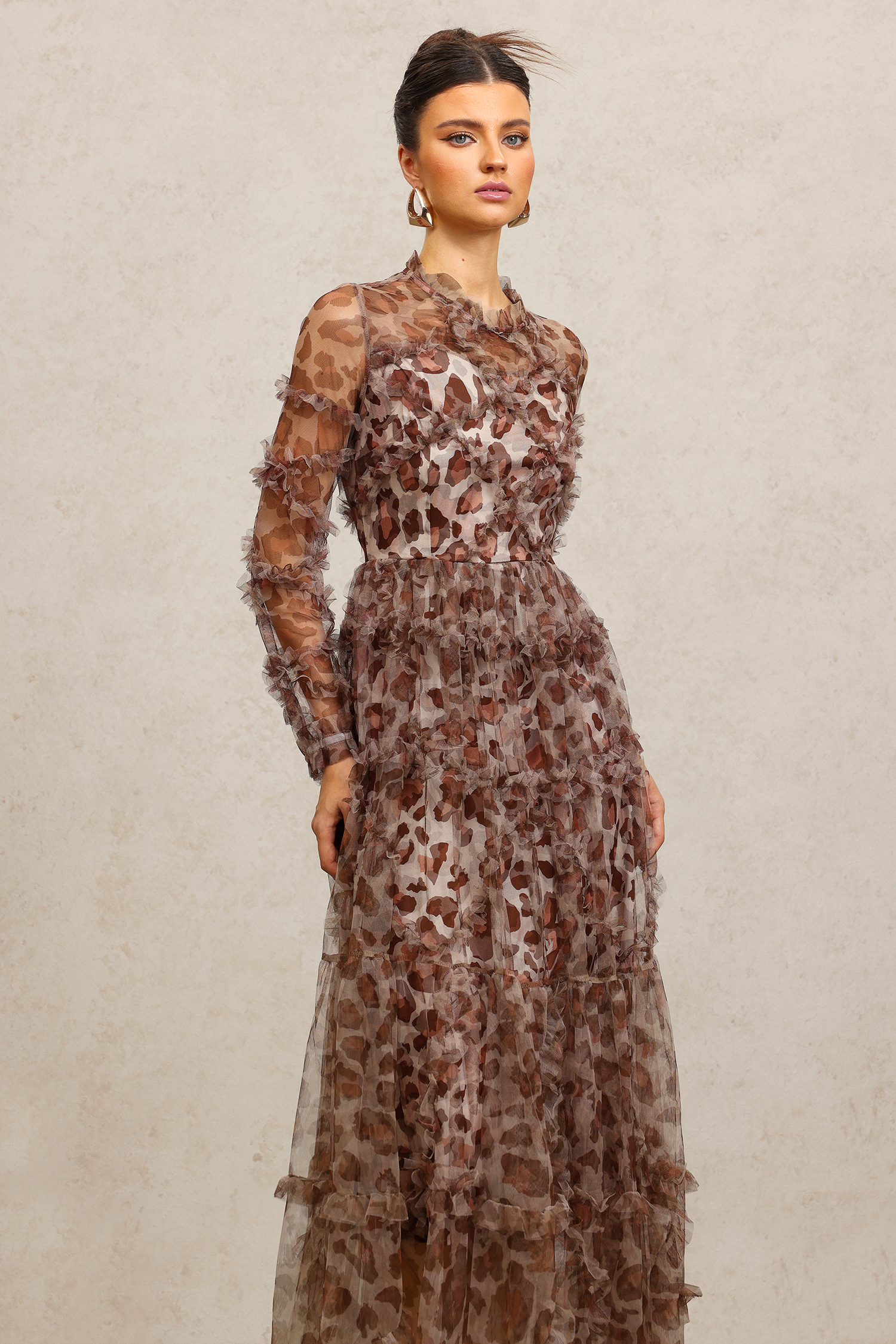 Paul Long Sleeves Leopard Print Folds Maxi Dress