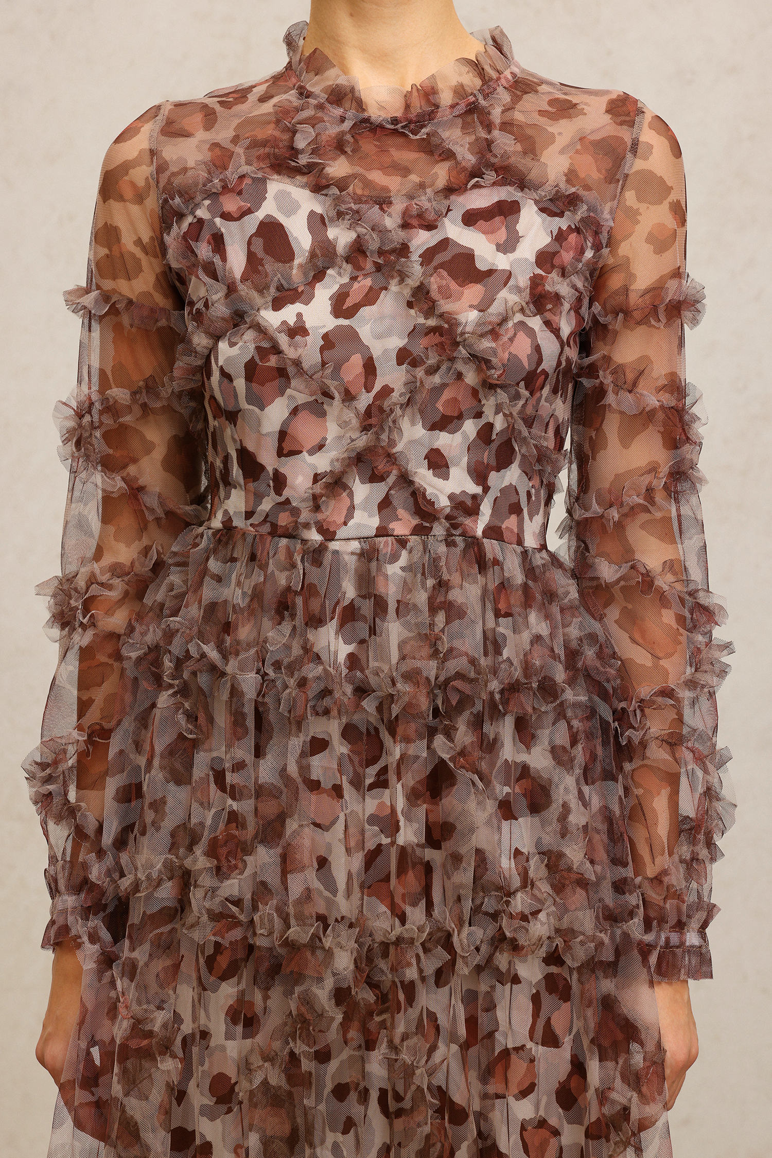 Paul Long Sleeves Leopard Print Folds Maxi Dress