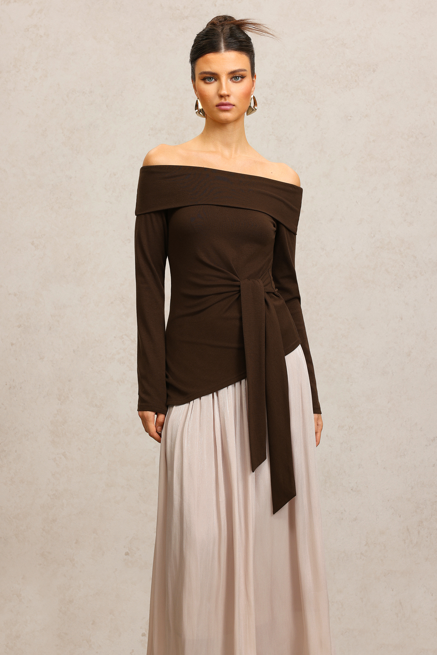 Gema Off-The-Shoulder Long Sleeves Folds Maxi Dress