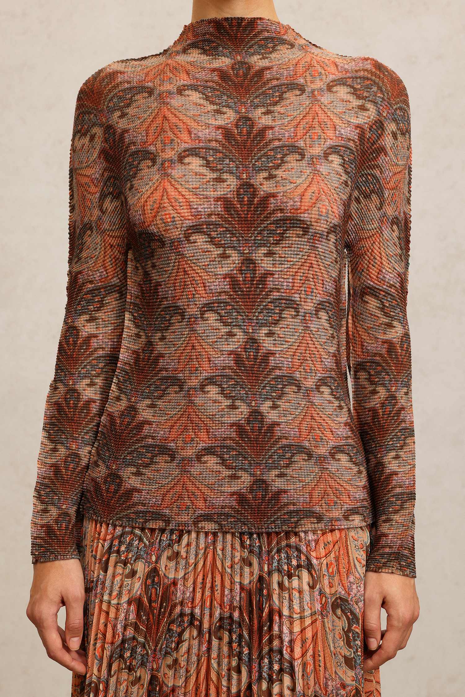 Kiele Long Sleeves Floral Printed Folds Top And Skirt Two