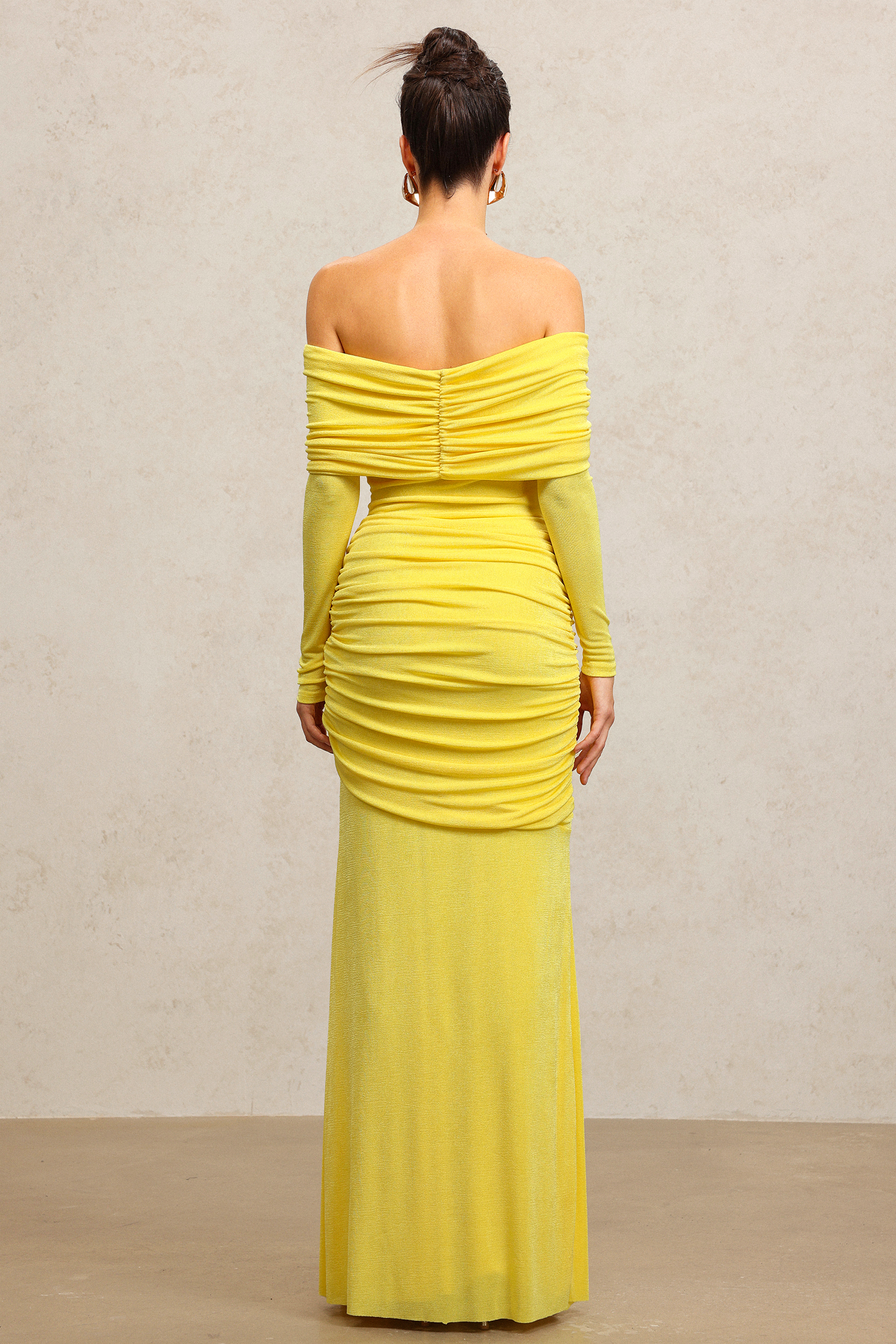 Jillian Off-The-Shoulder Long Sleeves Streamer Folds Yellow Maxi Dress