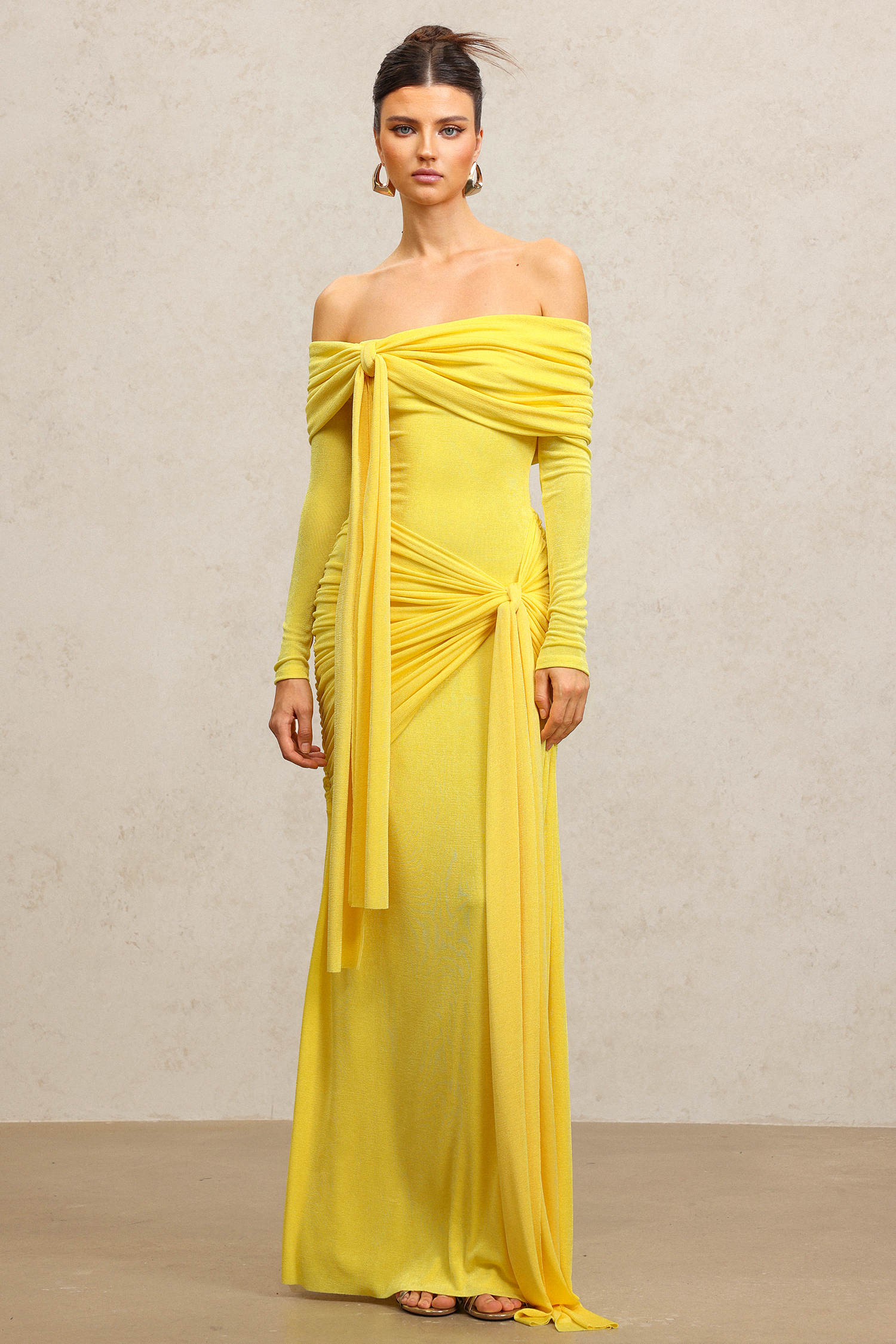 Jillian Off-The-Shoulder Long Sleeves Streamer Folds Yellow Maxi Dress