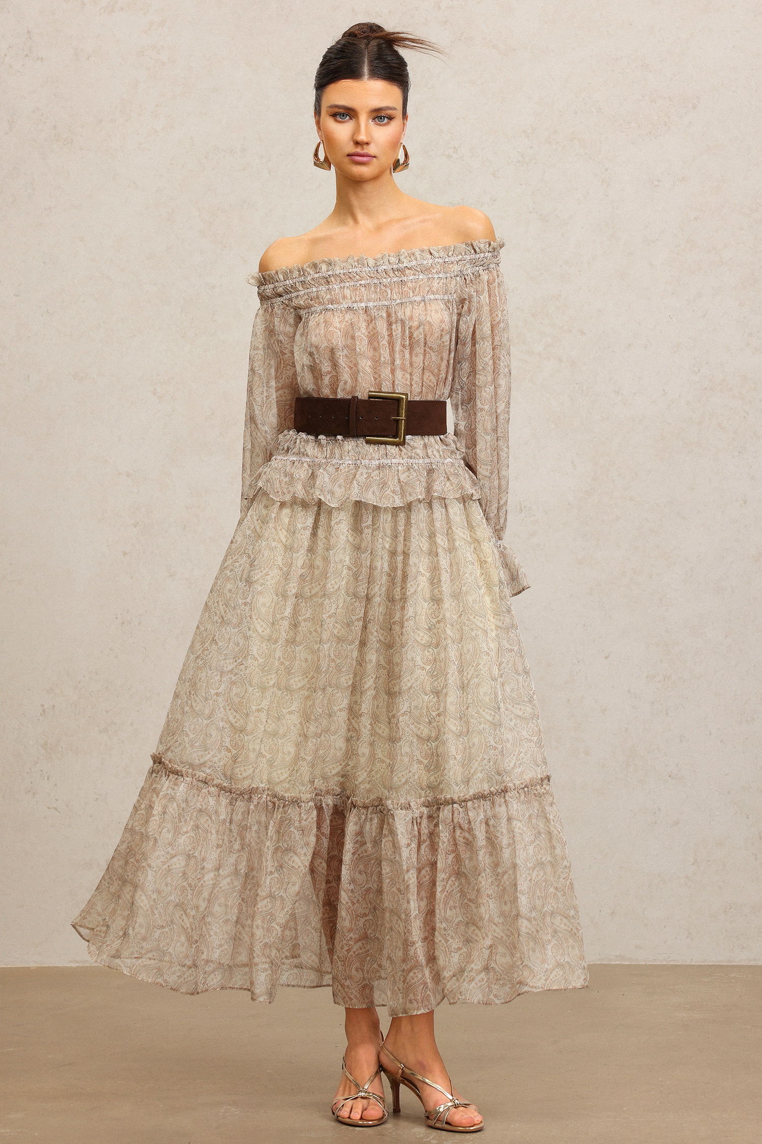 Emilee Off-The-Shoulder Long Sleeves Folds Top And Skirt Two-Piece Set